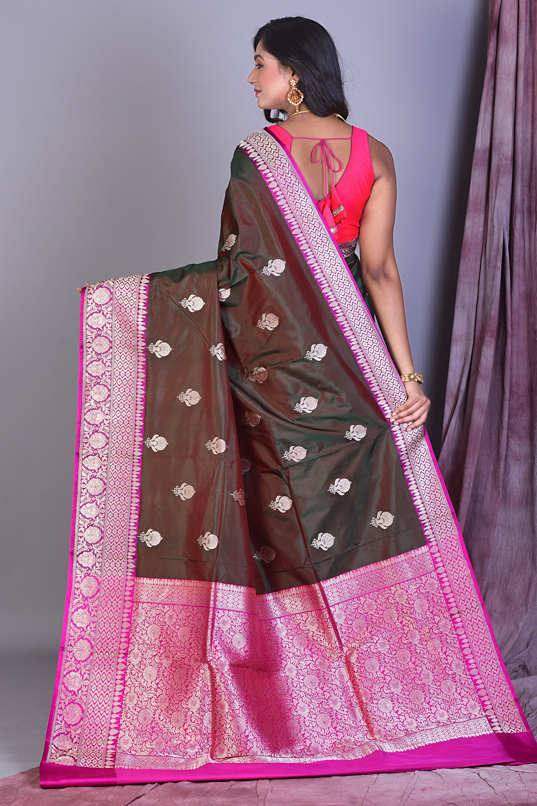 Wine Dual Tone Pure Katan Saree with Rani Borders - Keya Seth Exclusive