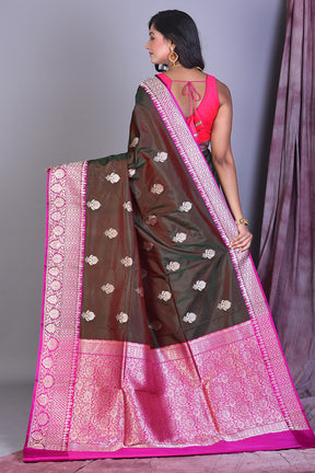 Wine Dual Tone Pure Katan Saree with Rani Borders - Keya Seth Exclusive