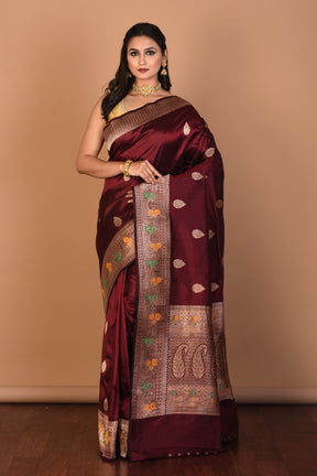 Wine Pure Katan Silk Saree with Blouse Piece - Keya Seth Exclusive