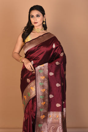 Wine Pure Katan Silk Saree with Blouse Piece - Keya Seth Exclusive