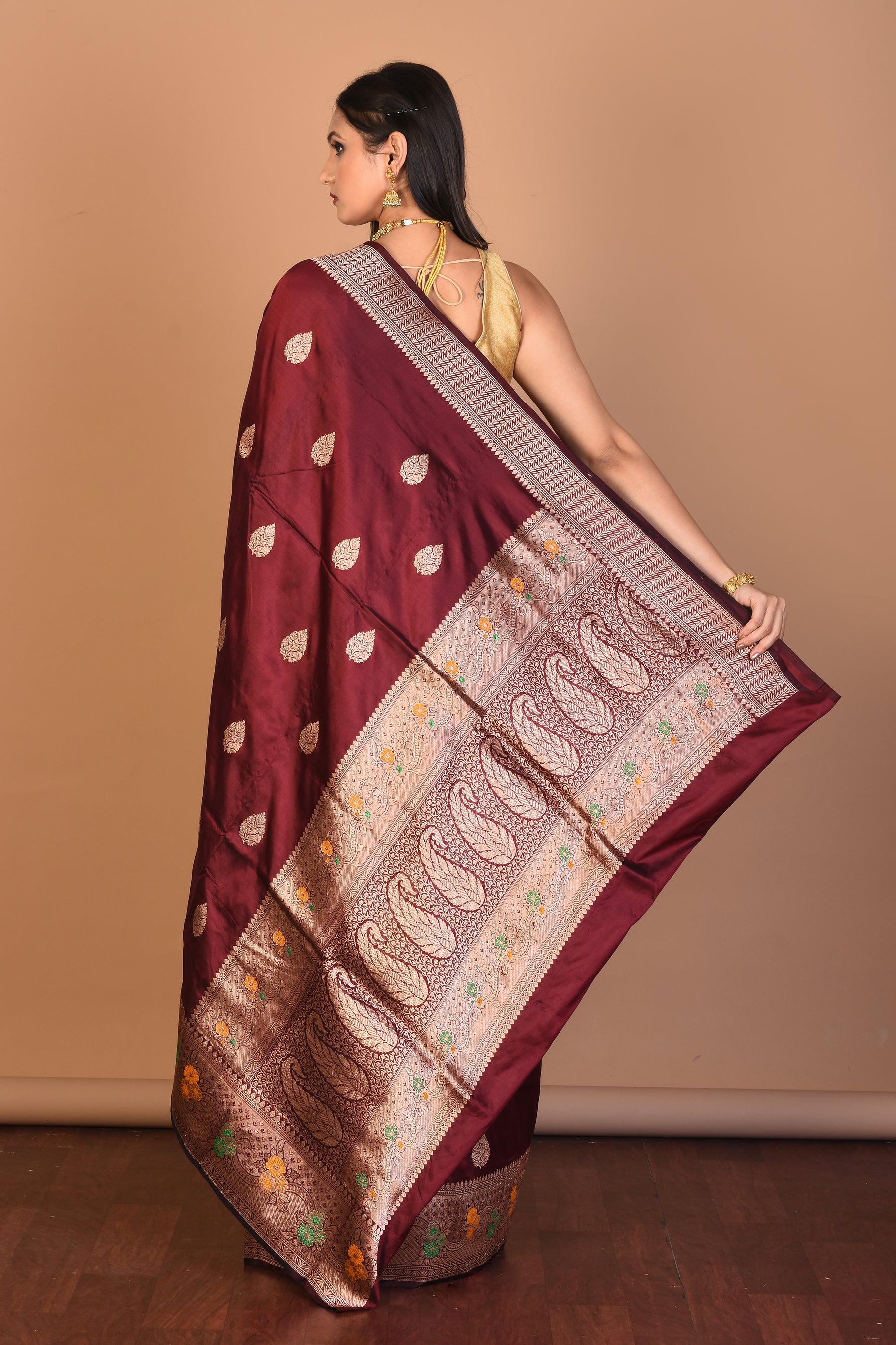 Wine Pure Katan Silk Saree with Blouse Piece - Keya Seth Exclusive