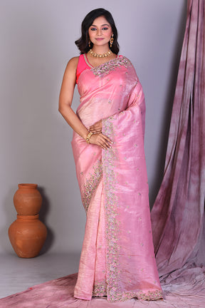 Pink Blended Organza Saree with Floral Borders - Keya Seth Exclusive