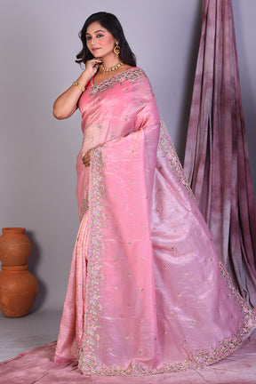 Pink Blended Organza Saree with Floral Borders - Keya Seth Exclusive