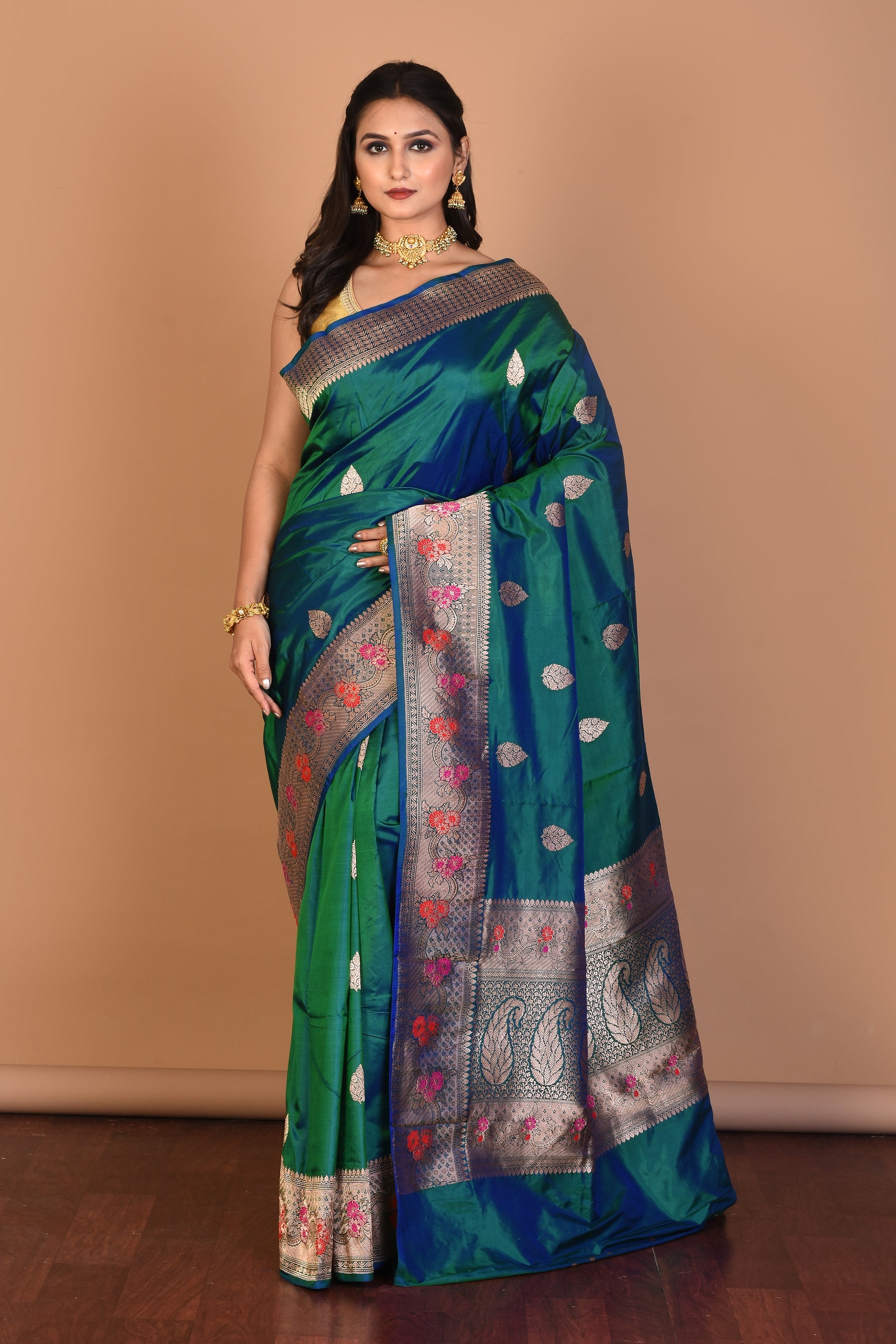 Dual Tone Green Pure Katan Silk Saree with Blouse Piece - Keya Seth Exclusive