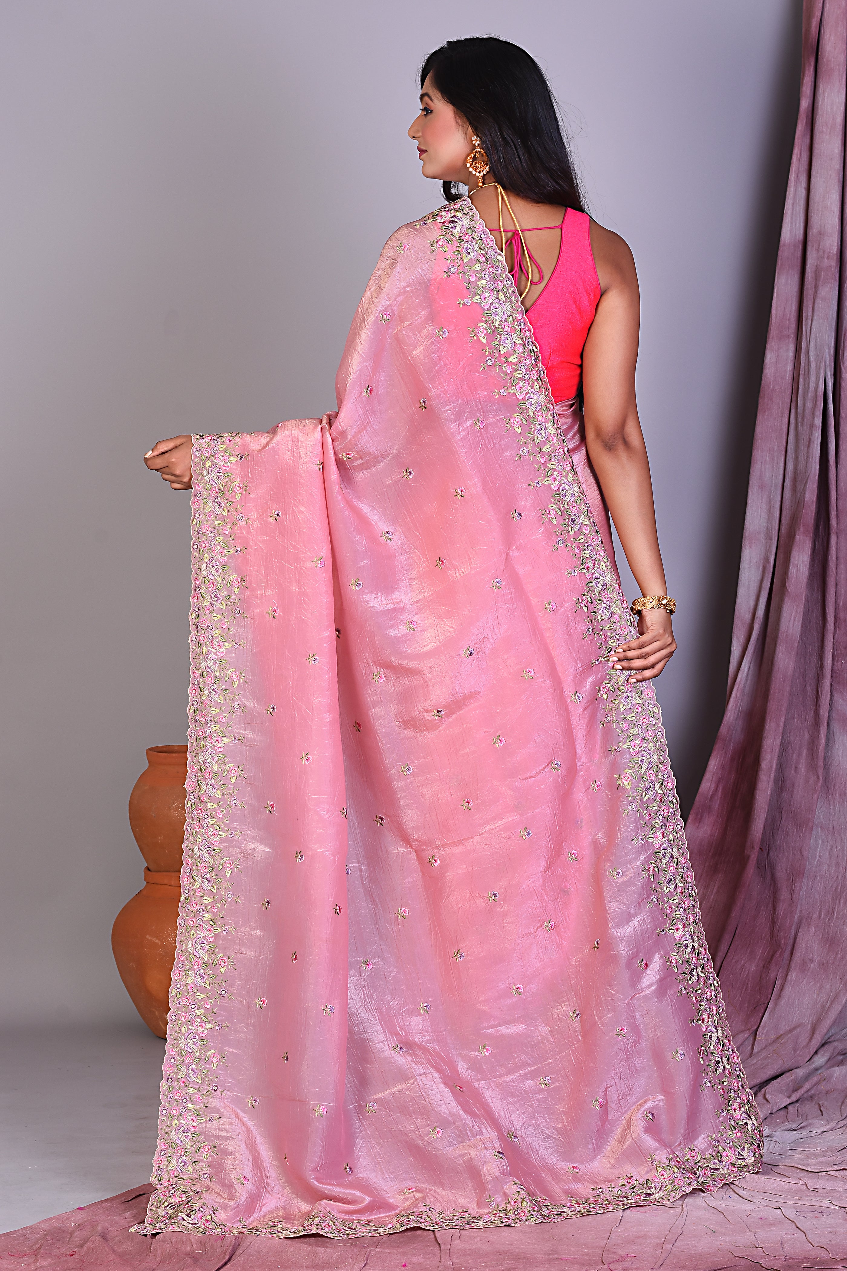 Pink Blended Organza Saree with Floral Borders - Keya Seth Exclusive