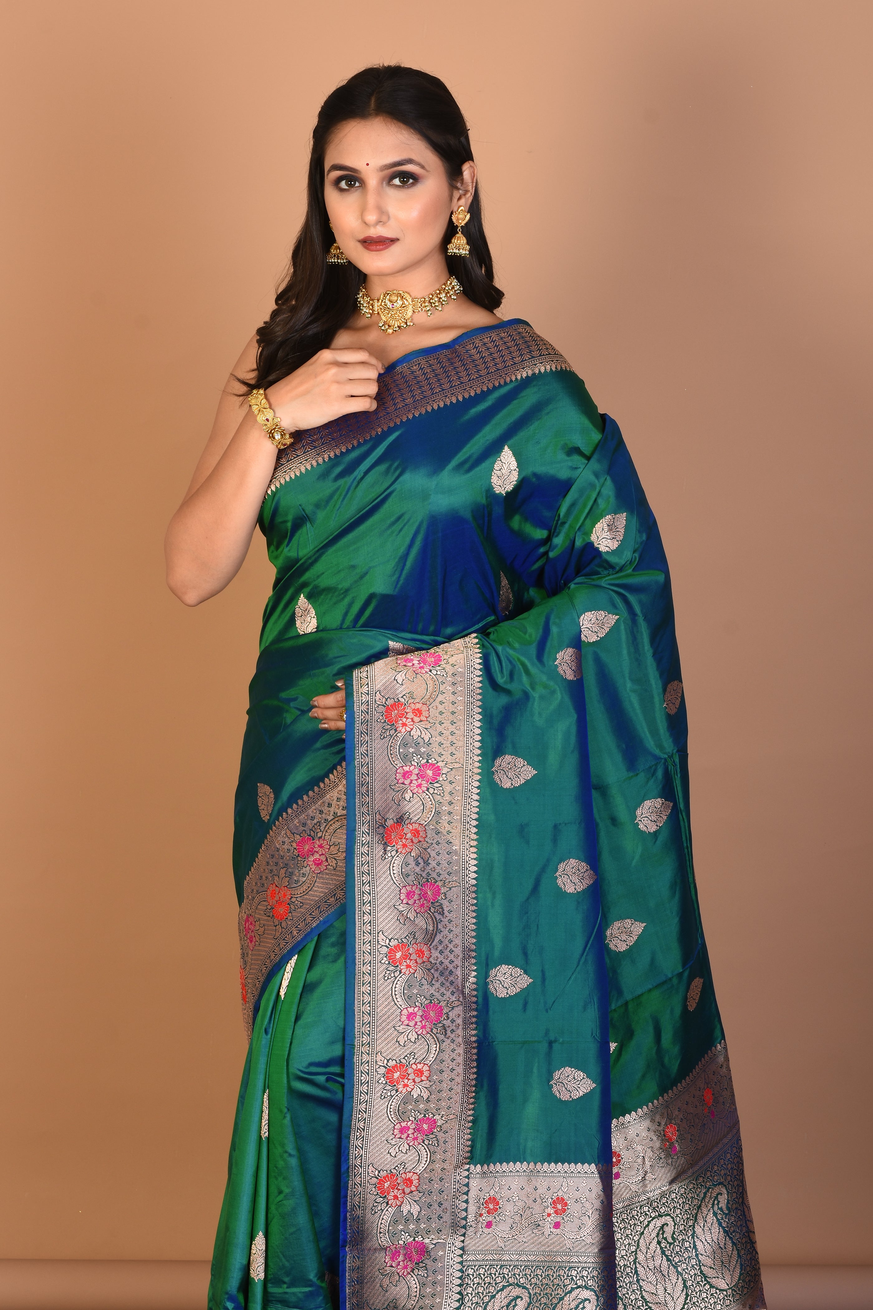 Dual Tone Green Pure Katan Silk Saree with Blouse Piece - Keya Seth Exclusive