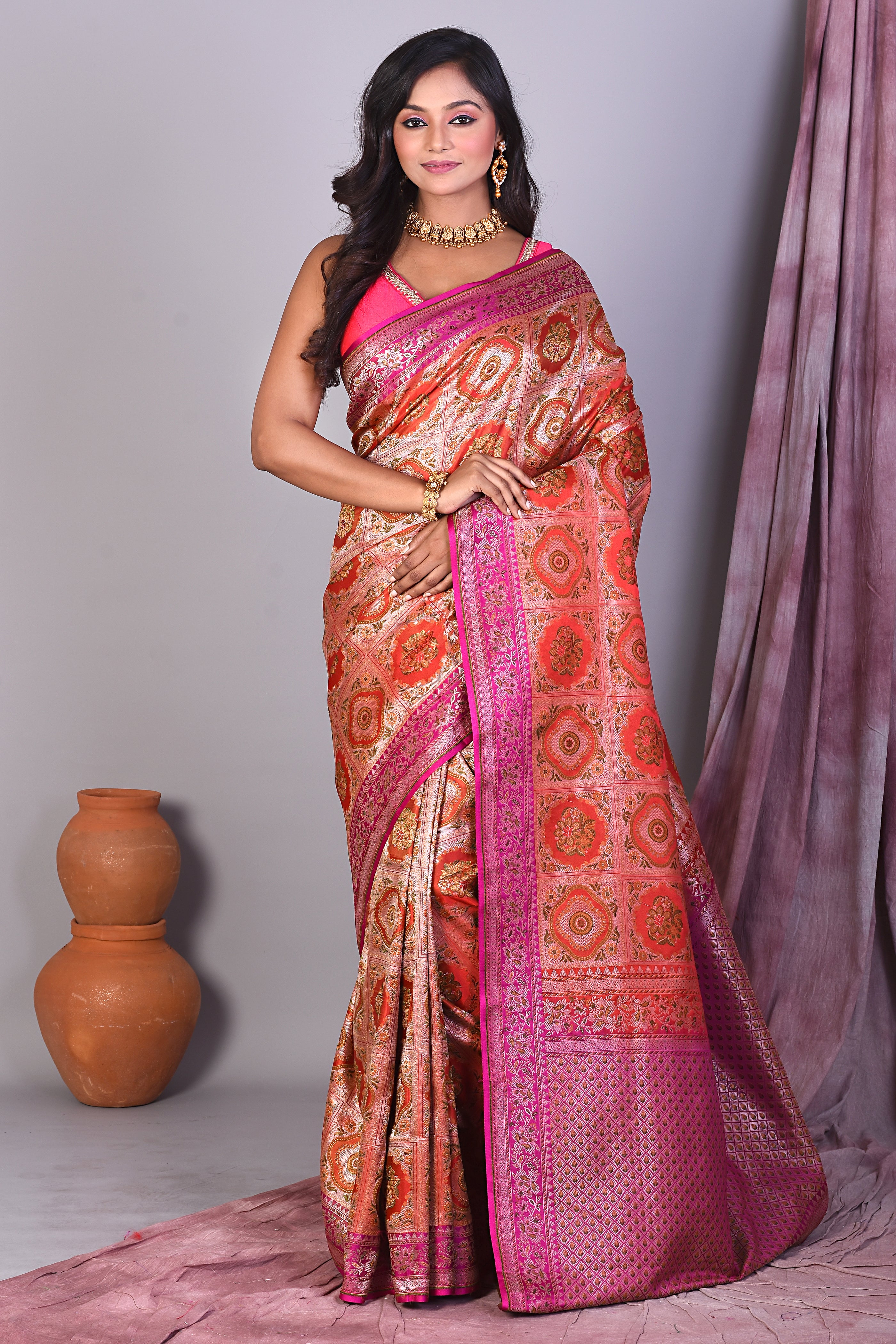 Orange Pashmina Saree with Thread work - Keya Seth Exclusive