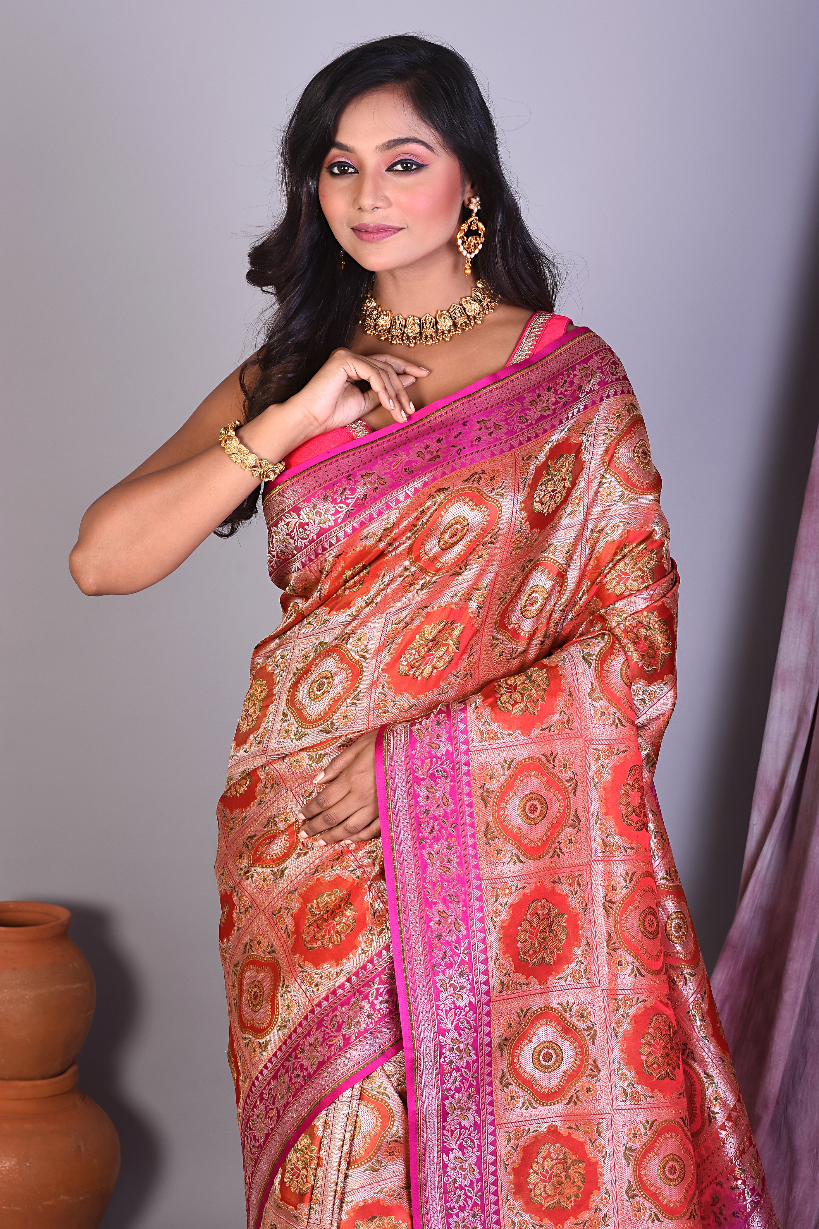 Orange Pashmina Saree with Thread work - Keya Seth Exclusive