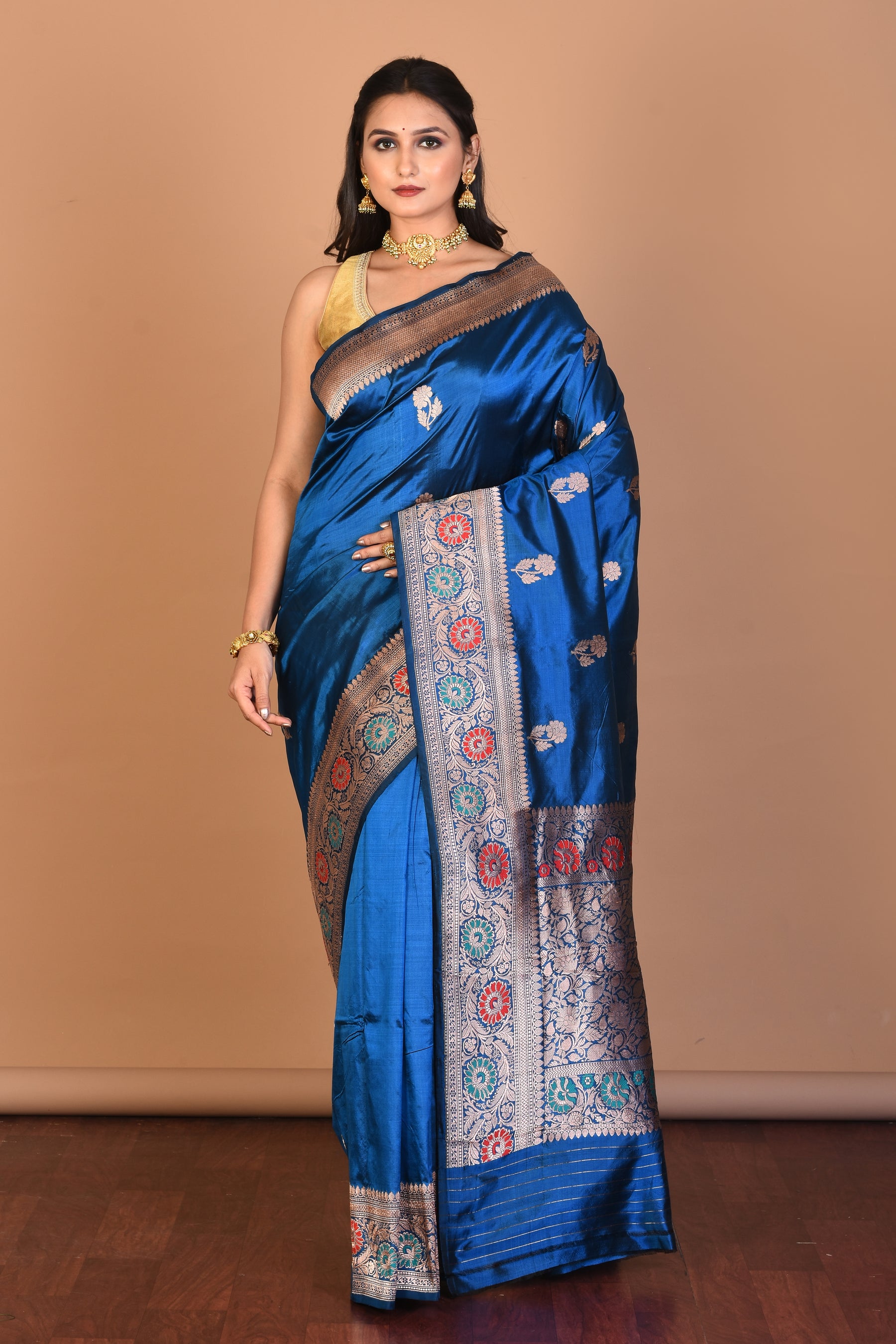 Firoza Blue Pure Katan Silk Saree with Blouse Piece - Keya Seth Exclusive