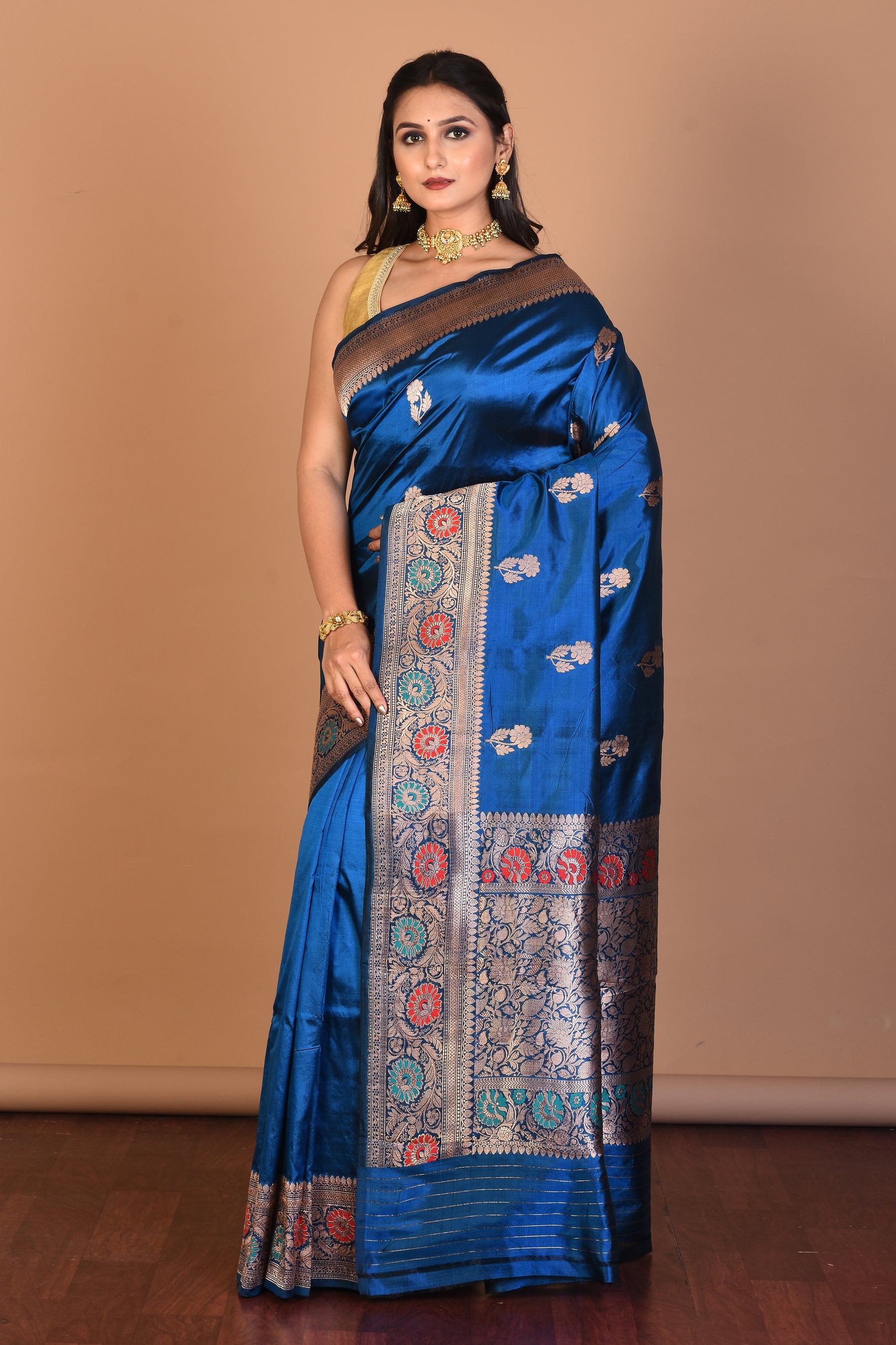 Firoza Blue Pure Katan Silk Saree with Blouse Piece - Keya Seth Exclusive