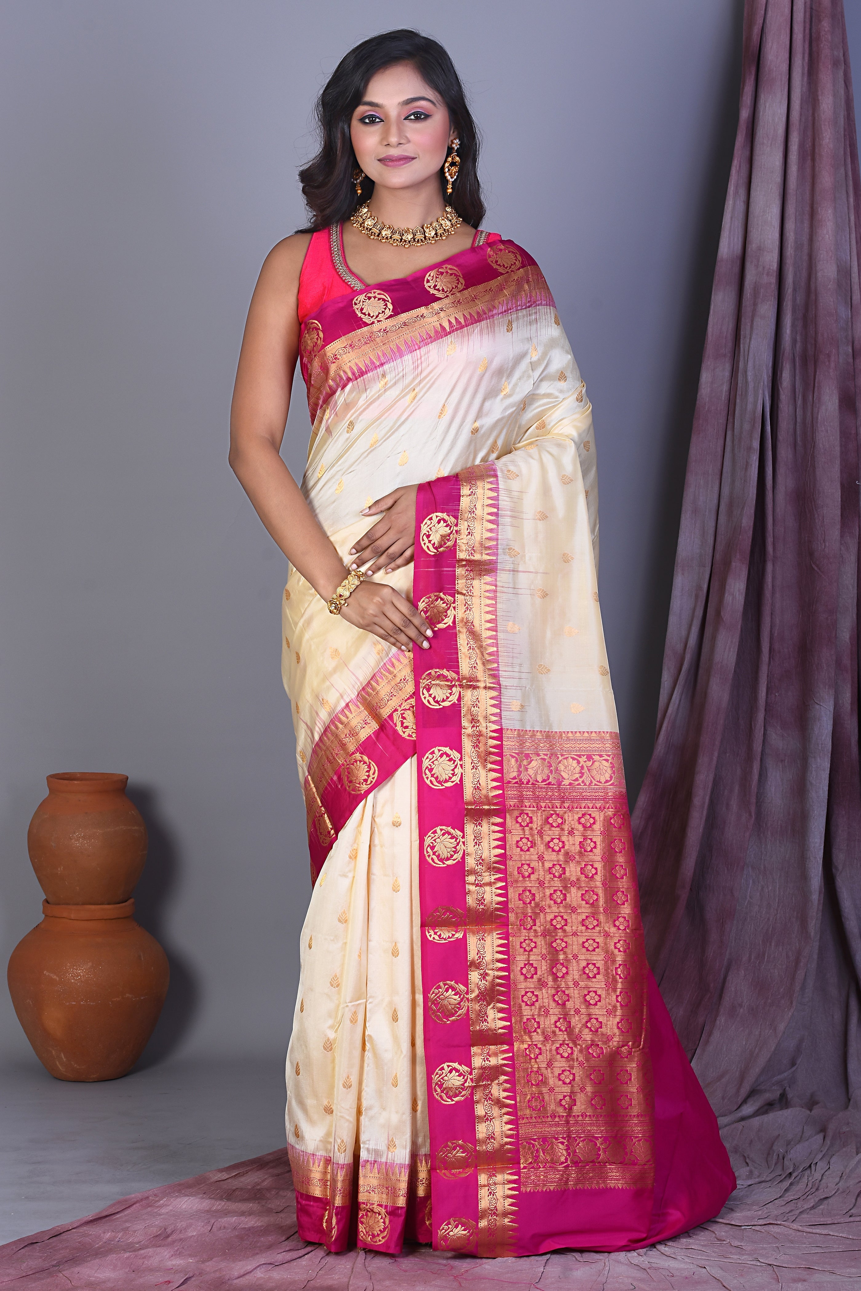 Off-white Pure Kanjivaram Saree with Rani Borders - Keya Seth Exclusive