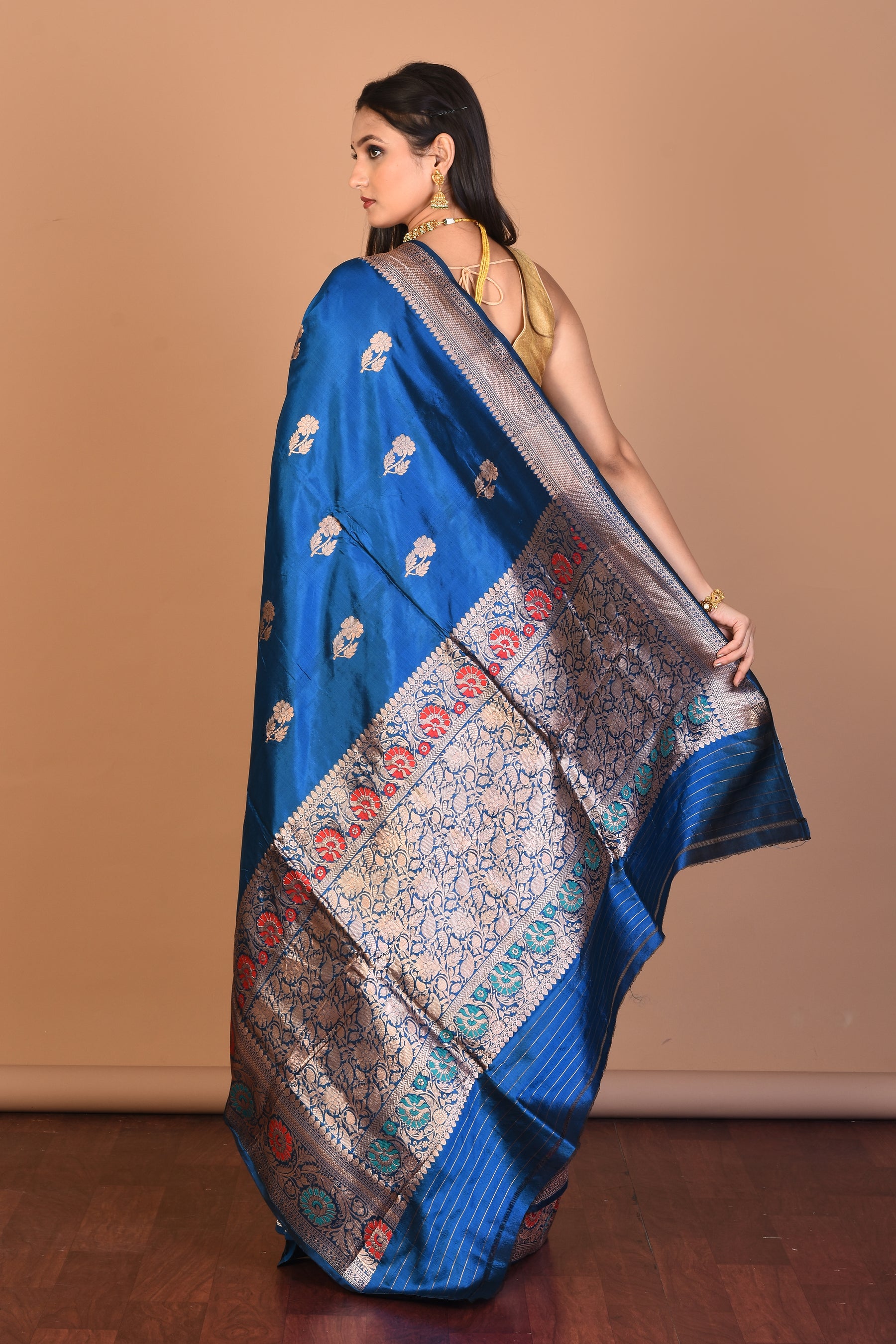 Firoza Blue Pure Katan Silk Saree with Blouse Piece - Keya Seth Exclusive