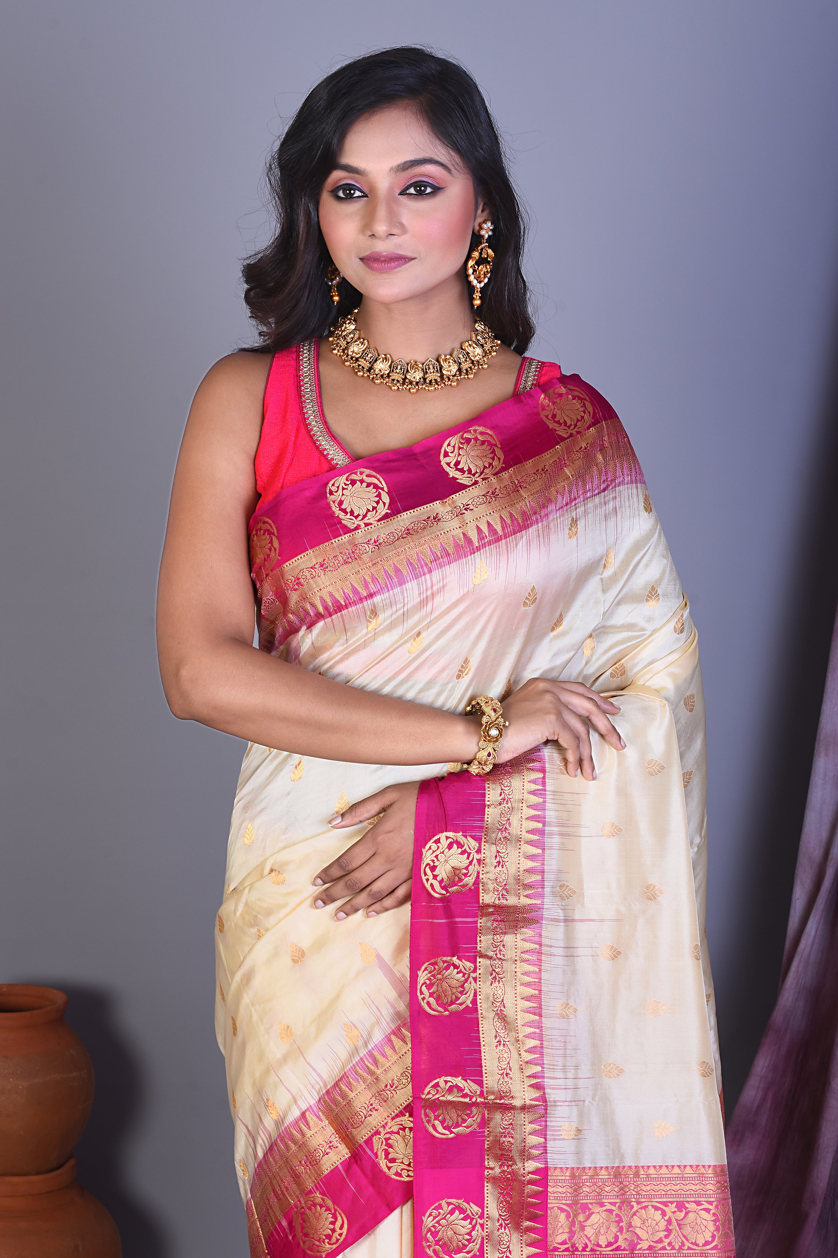 Off-white Pure Kanjivaram Saree with Rani Borders - Keya Seth Exclusive