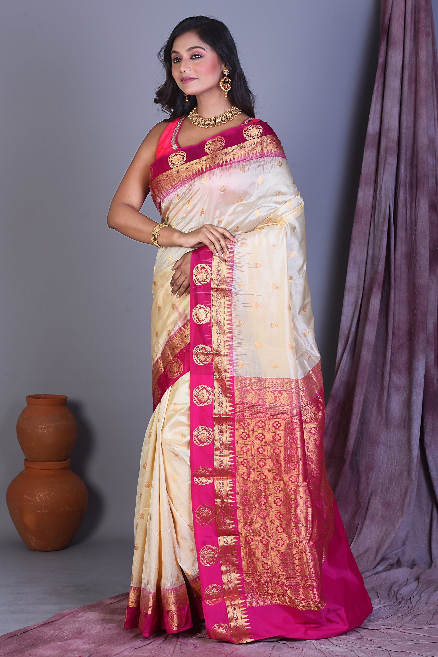 Off-white Pure Kanjivaram Saree with Rani Borders - Keya Seth Exclusive