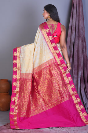 Off-white Pure Kanjivaram Saree with Rani Borders - Keya Seth Exclusive