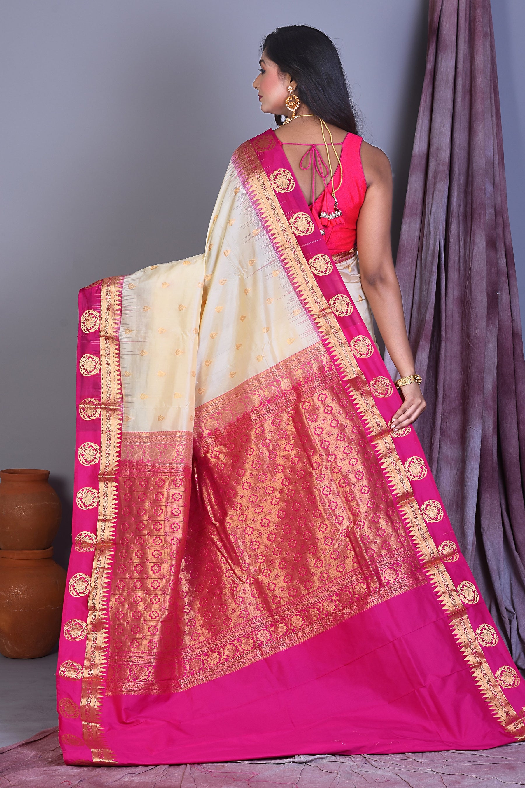 Off-white Pure Kanjivaram Saree with Rani Borders - Keya Seth Exclusive