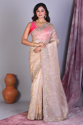 Beige Blended Organza Saree with Floral Borders - Keya Seth Exclusive