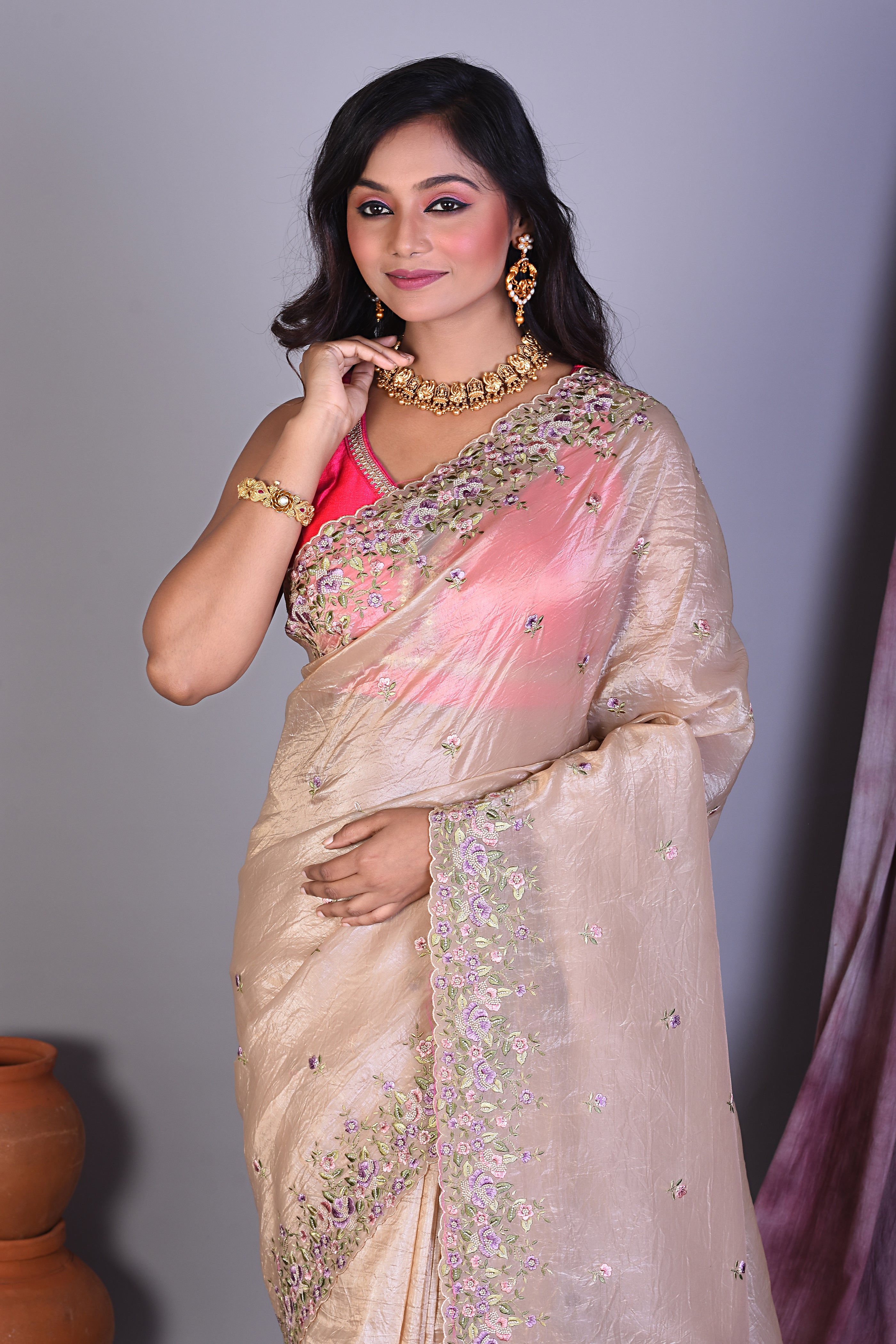 Beige Blended Organza Saree with Floral Borders - Keya Seth Exclusive