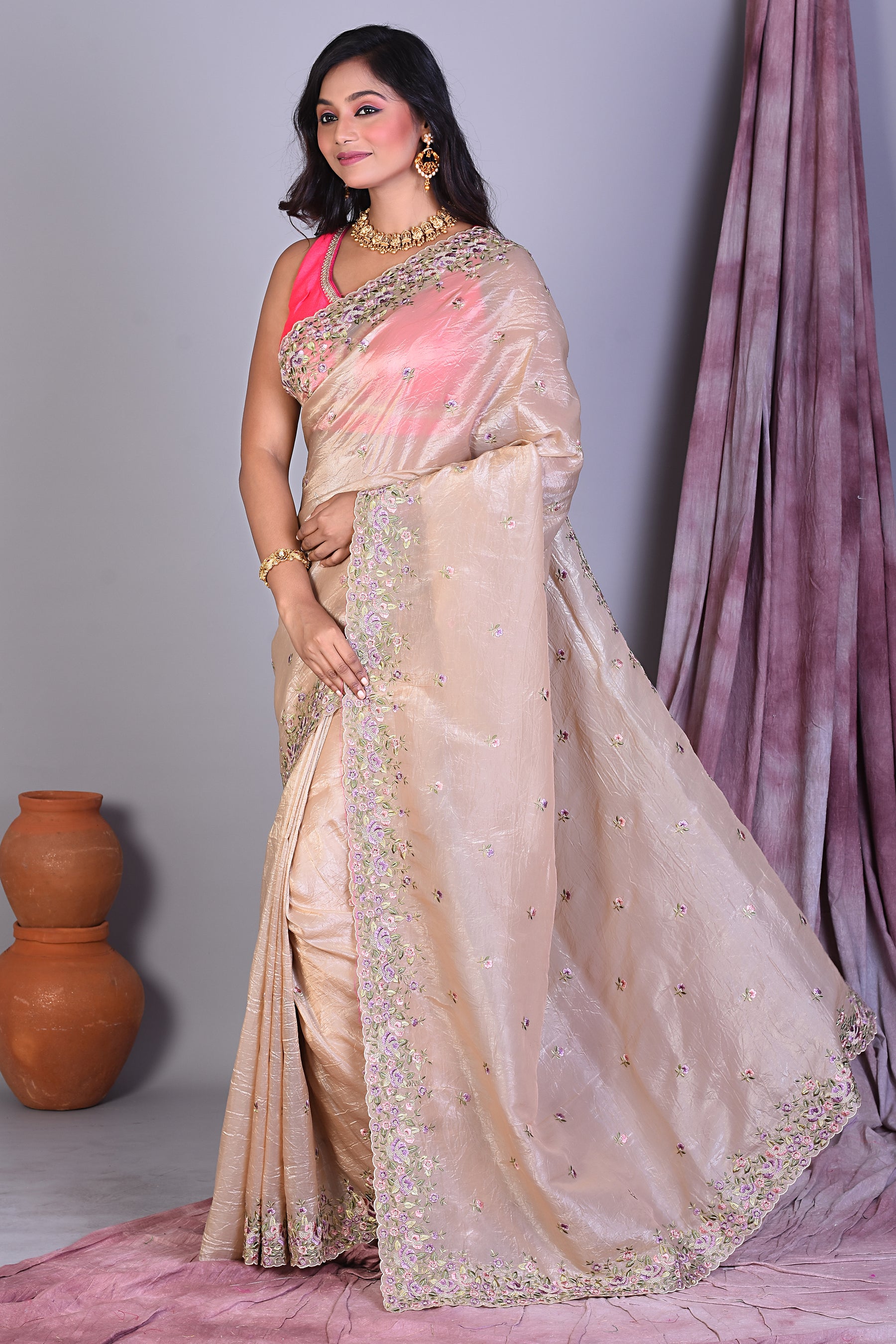 Beige Blended Organza Saree with Floral Borders - Keya Seth Exclusive