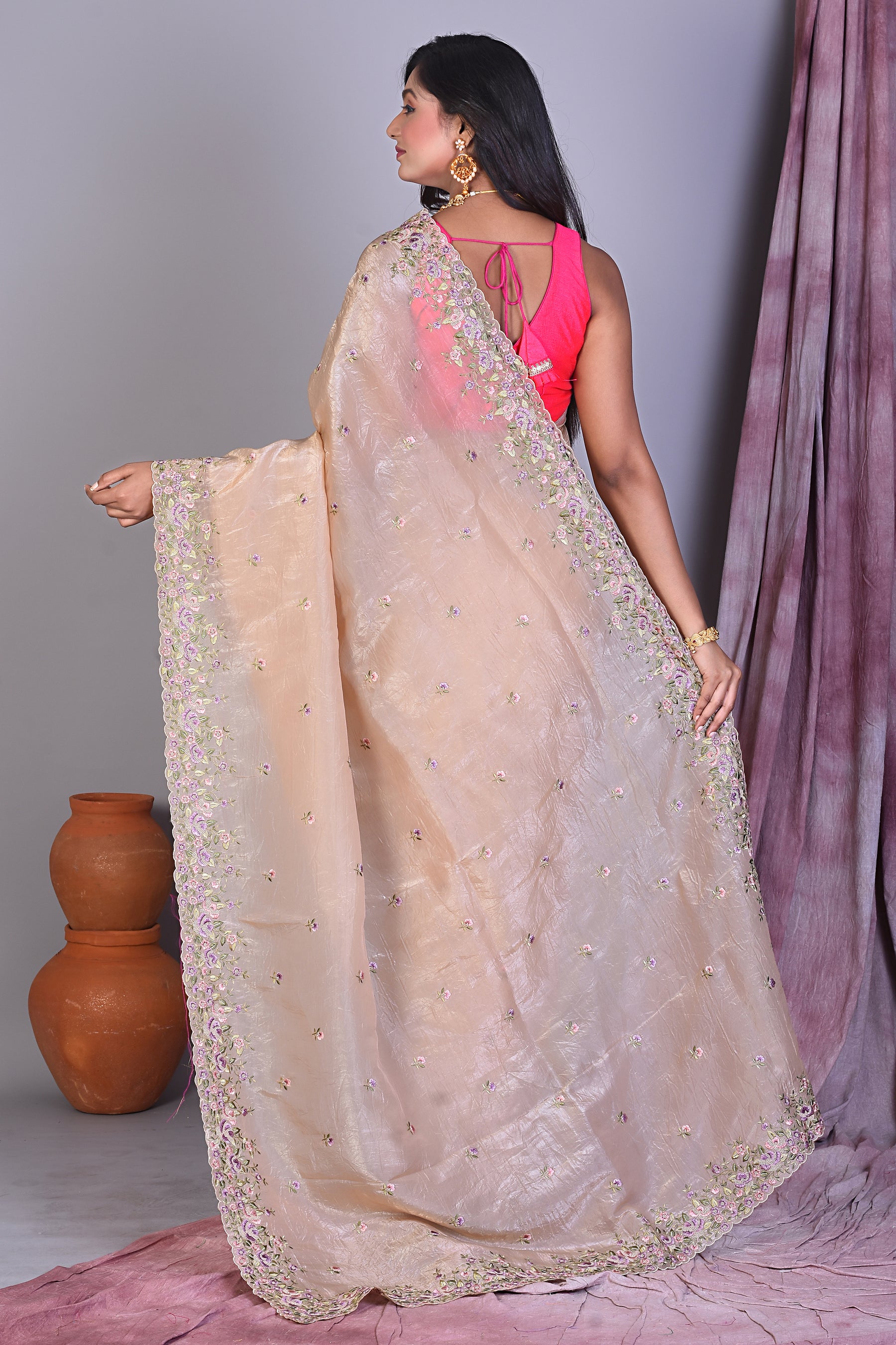 Beige Blended Organza Saree with Floral Borders - Keya Seth Exclusive