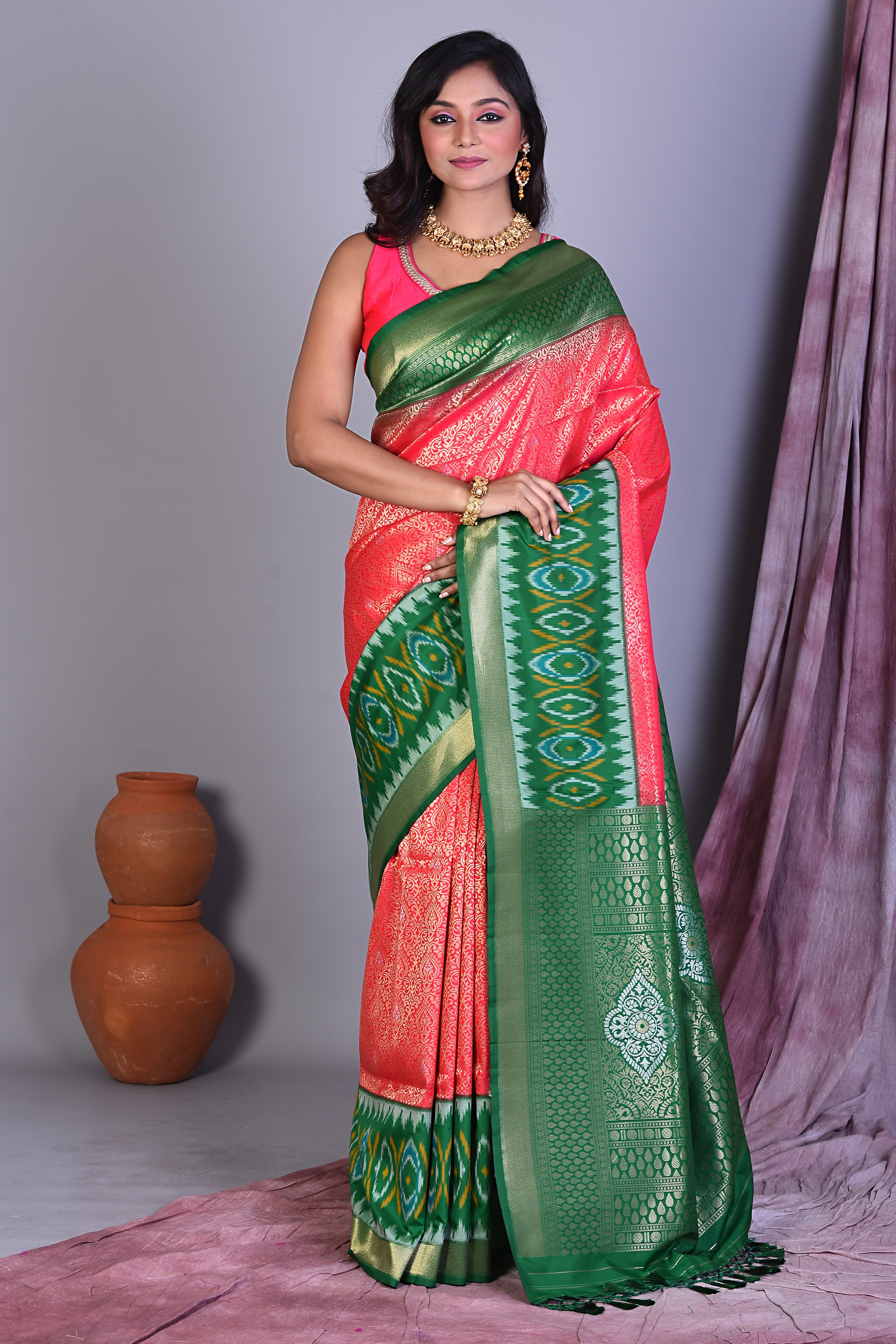 Pink Blended Silk Saree with Ikkat Border - Keya Seth Exclusive