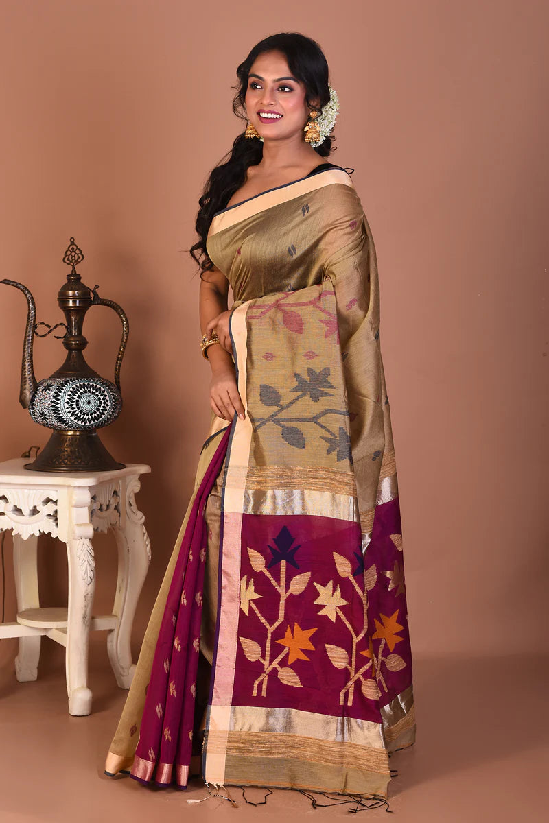 Brown Blended Linen Handloom Saree - Keya Seth Exclusive