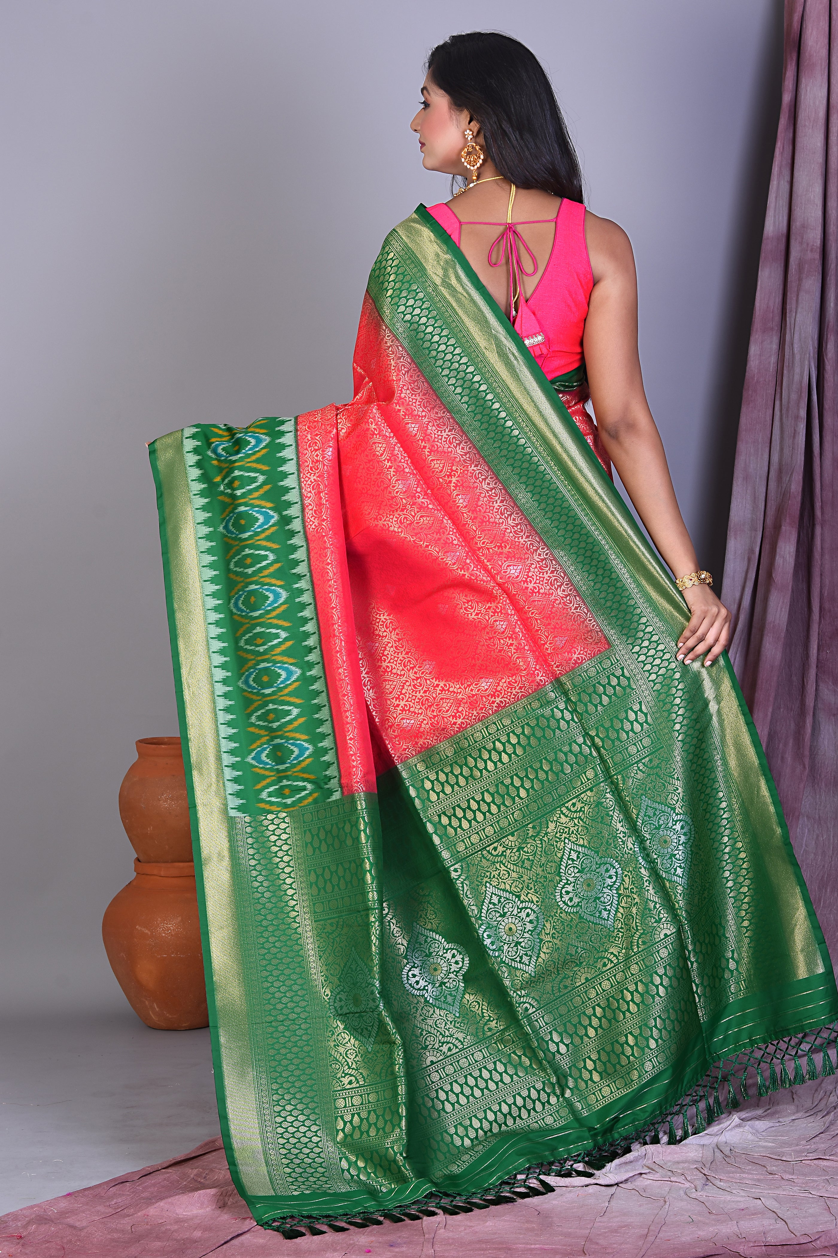 Pink Blended Silk Saree with Ikkat Border - Keya Seth Exclusive