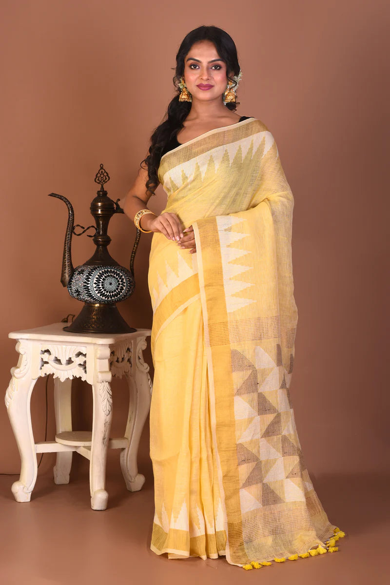 Light Yellow Blended Linen Handloom Saree - Keya Seth Exclusive