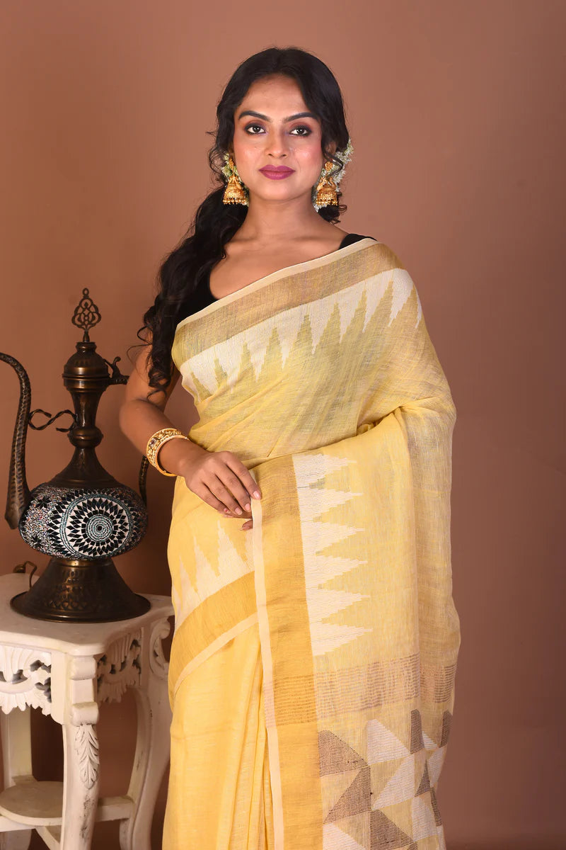 Light Yellow Blended Linen Handloom Saree - Keya Seth Exclusive