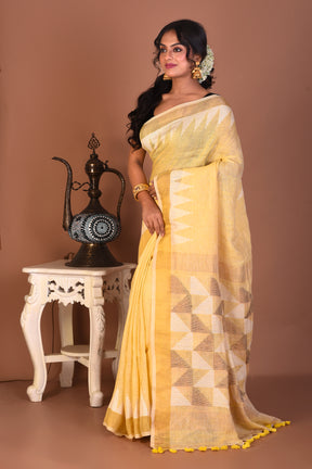 Light Yellow Blended Linen Handloom Saree - Keya Seth Exclusive