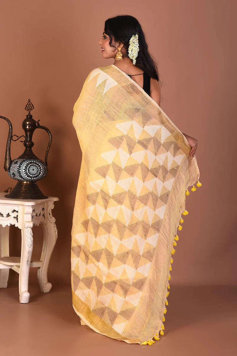Light Yellow Blended Linen Handloom Saree - Keya Seth Exclusive