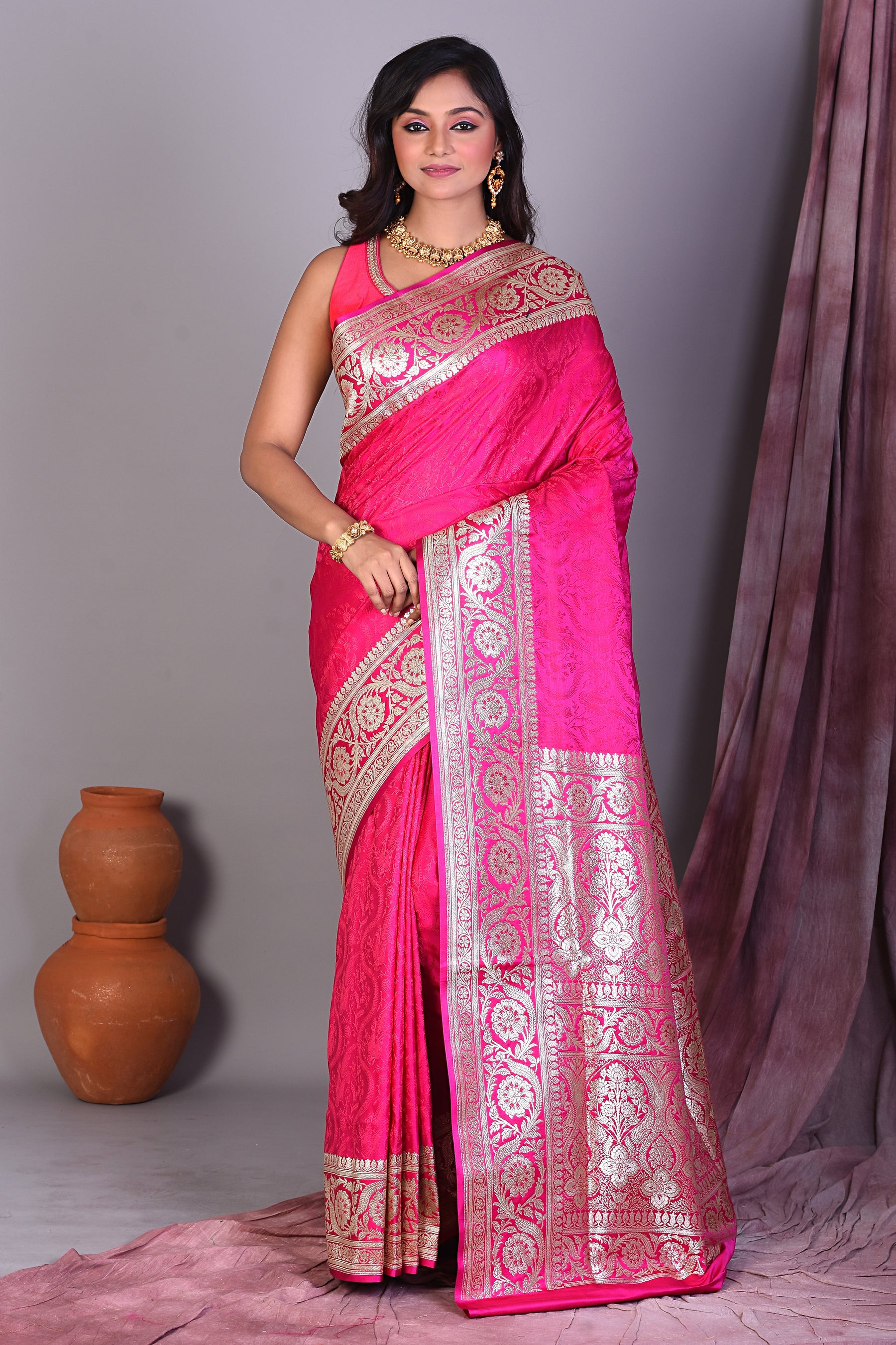 Pink Satin Silk Saree with Golden Zari - Keya Seth Exclusive