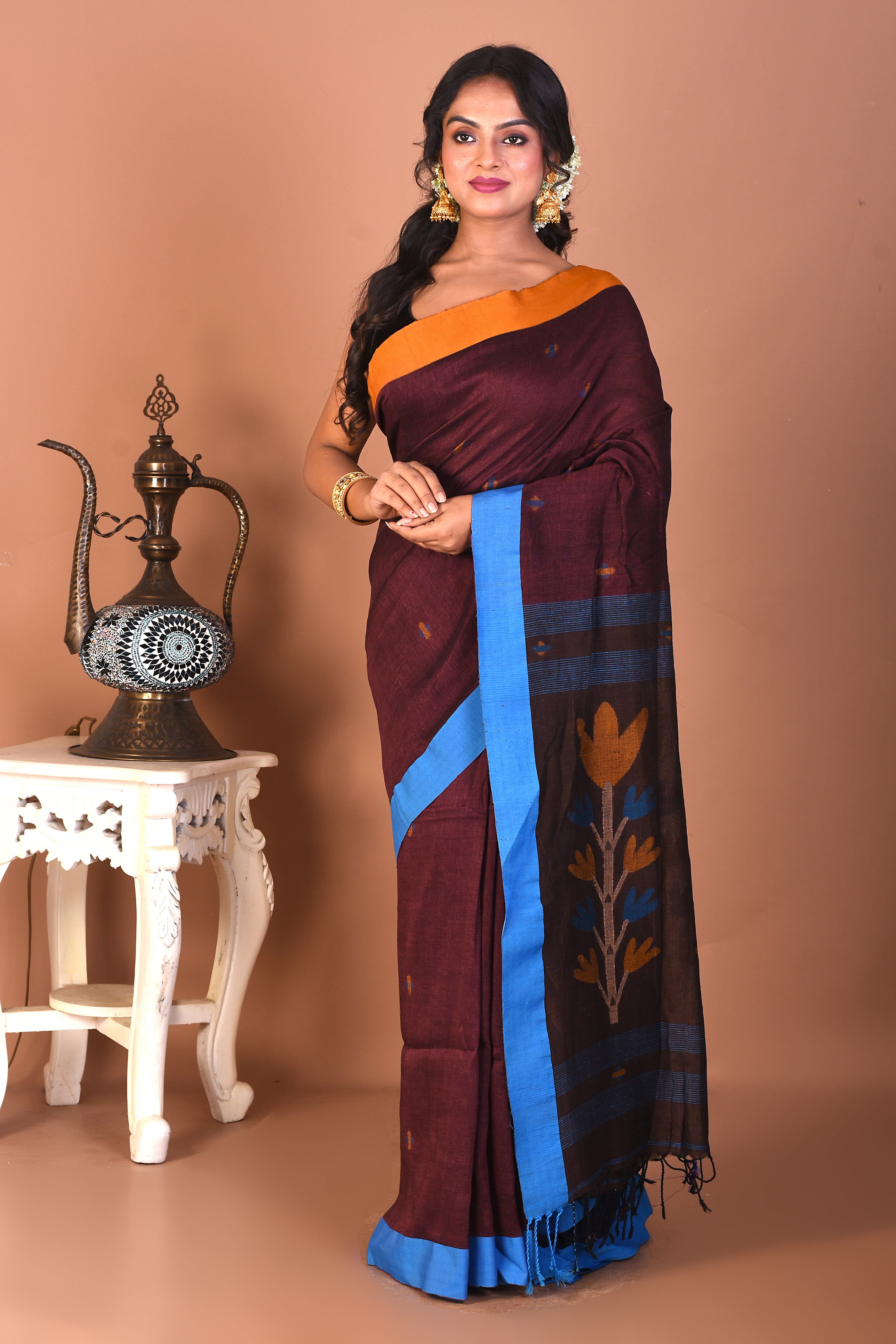 Deep Brown Blended Handloom Saree - Keya Seth Exclusive