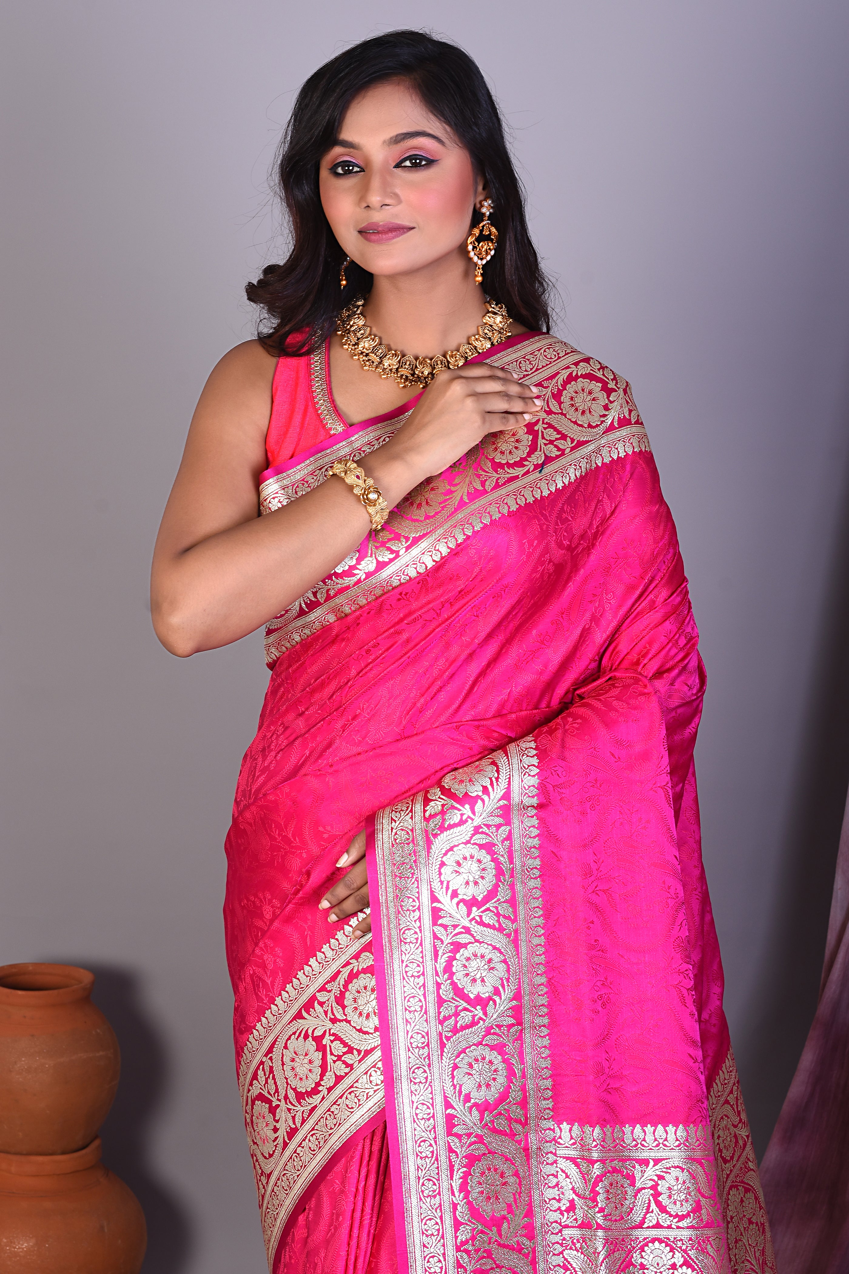 Pink Satin Silk Saree with Golden Zari - Keya Seth Exclusive