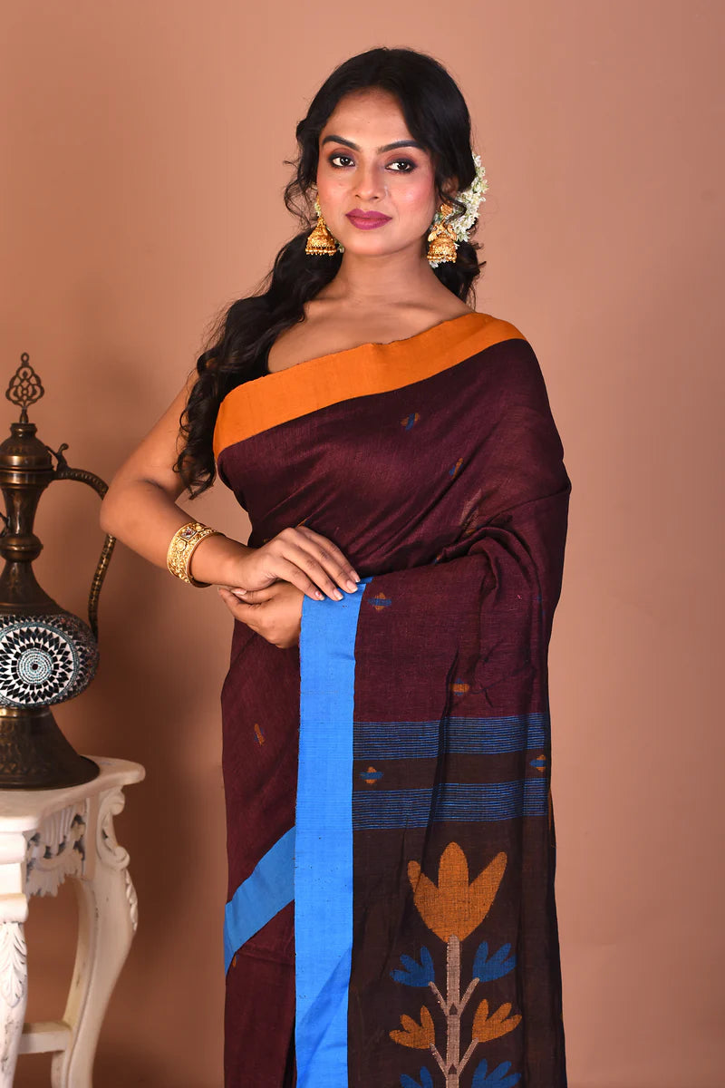Deep Brown Blended Handloom Saree - Keya Seth Exclusive