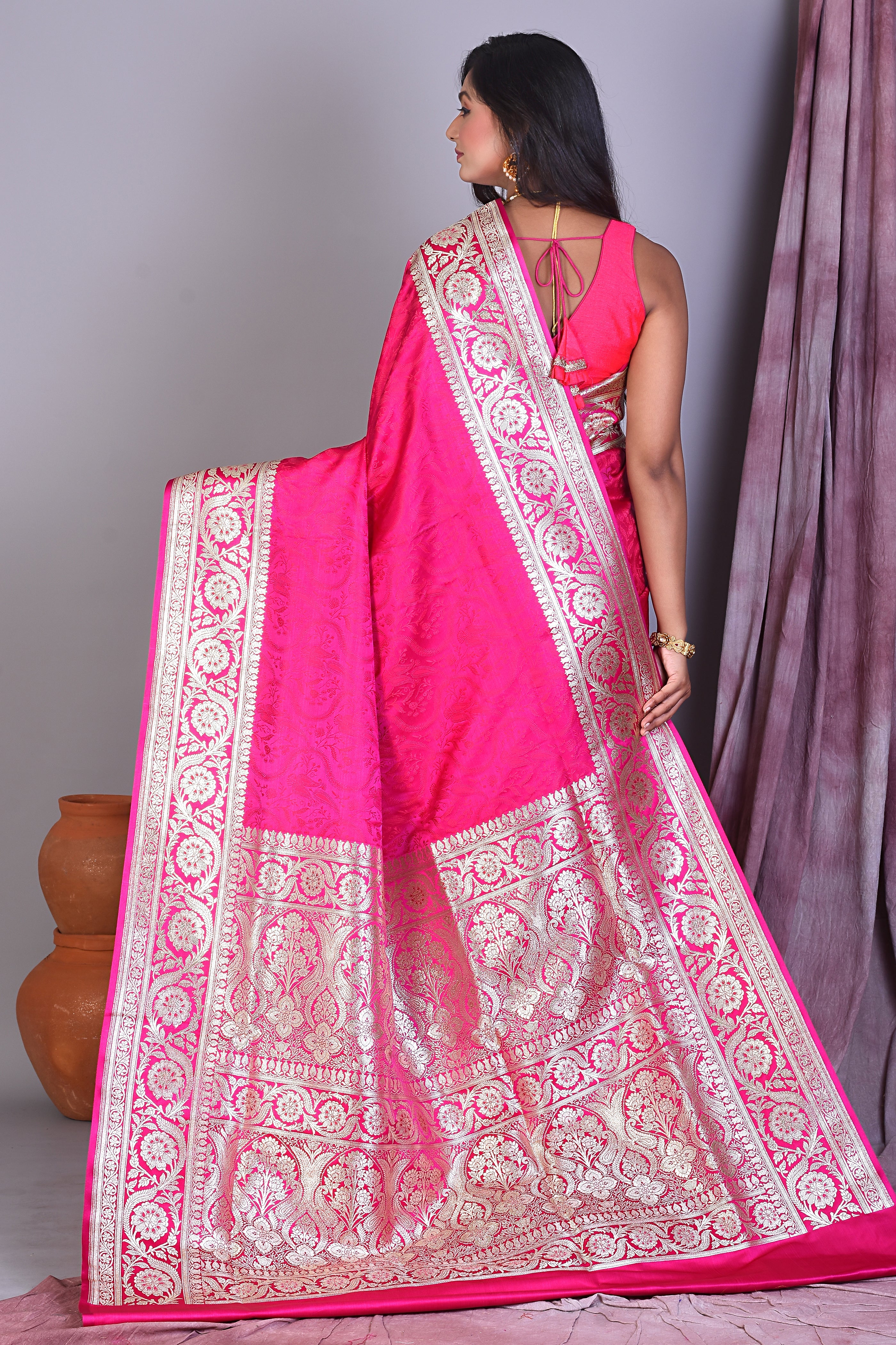 Pink Satin Silk Saree with Golden Zari - Keya Seth Exclusive