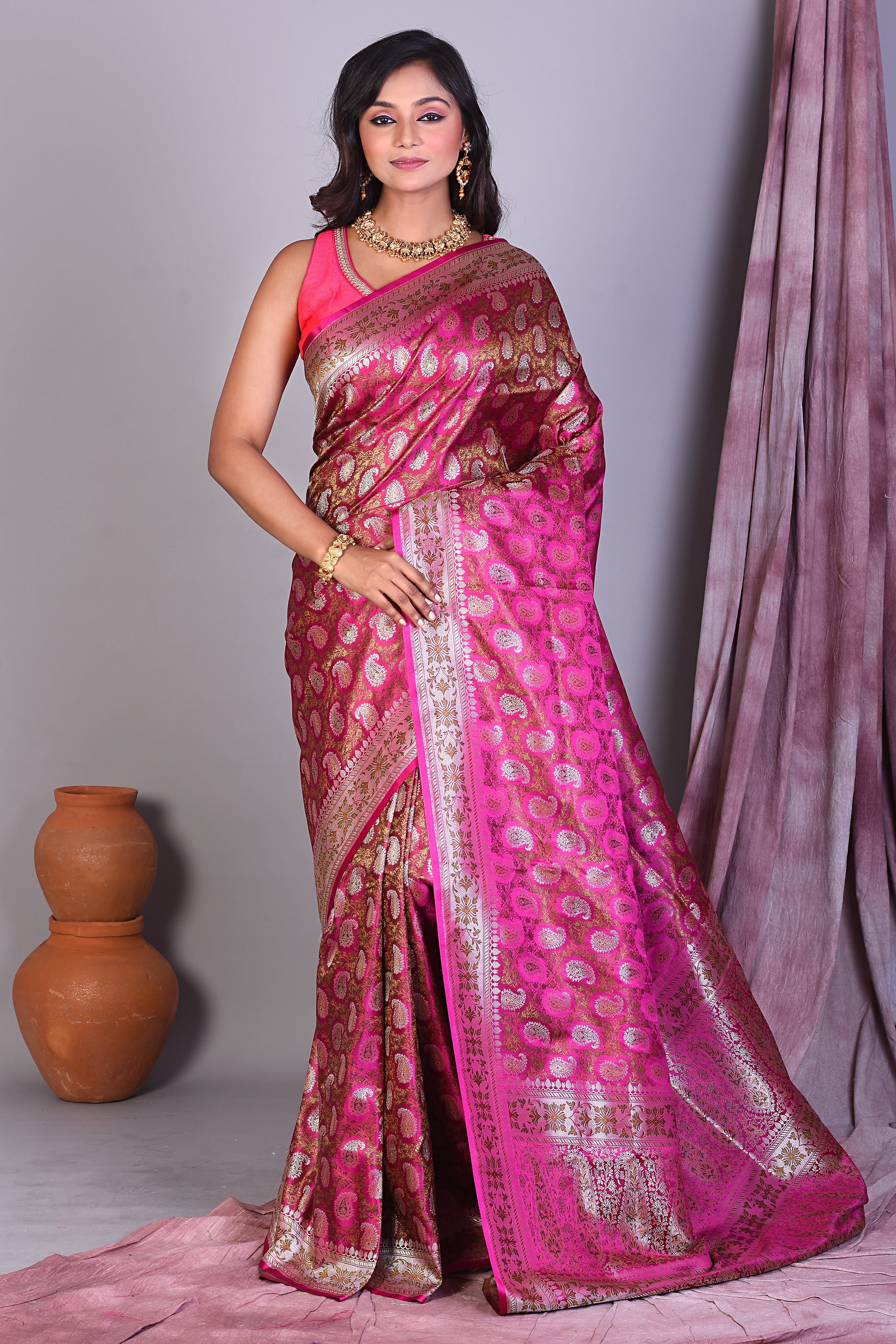 Magenta Pashmina Saree with Thread work - Keya Seth Exclusive