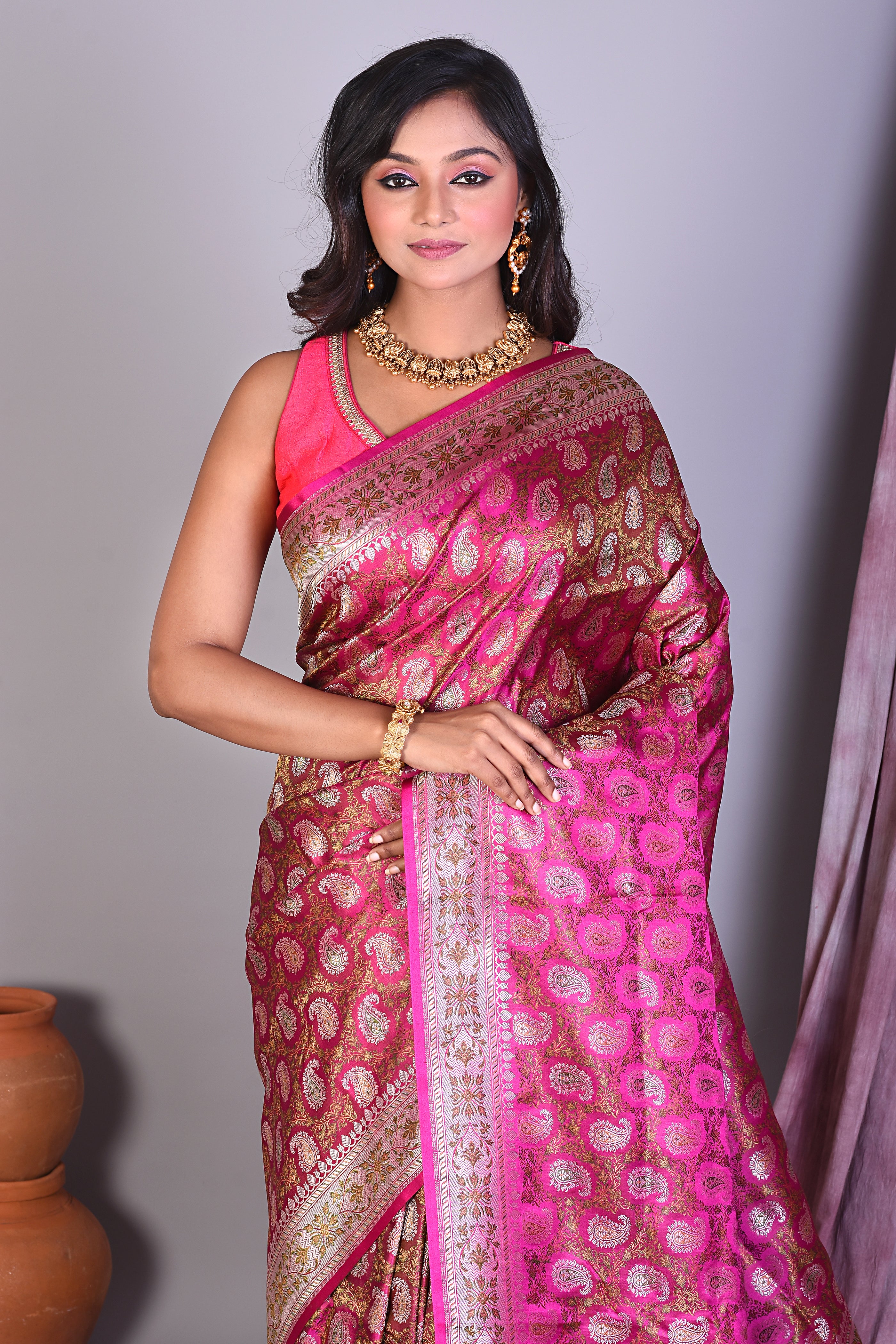 Magenta Pashmina Saree with Thread work - Keya Seth Exclusive