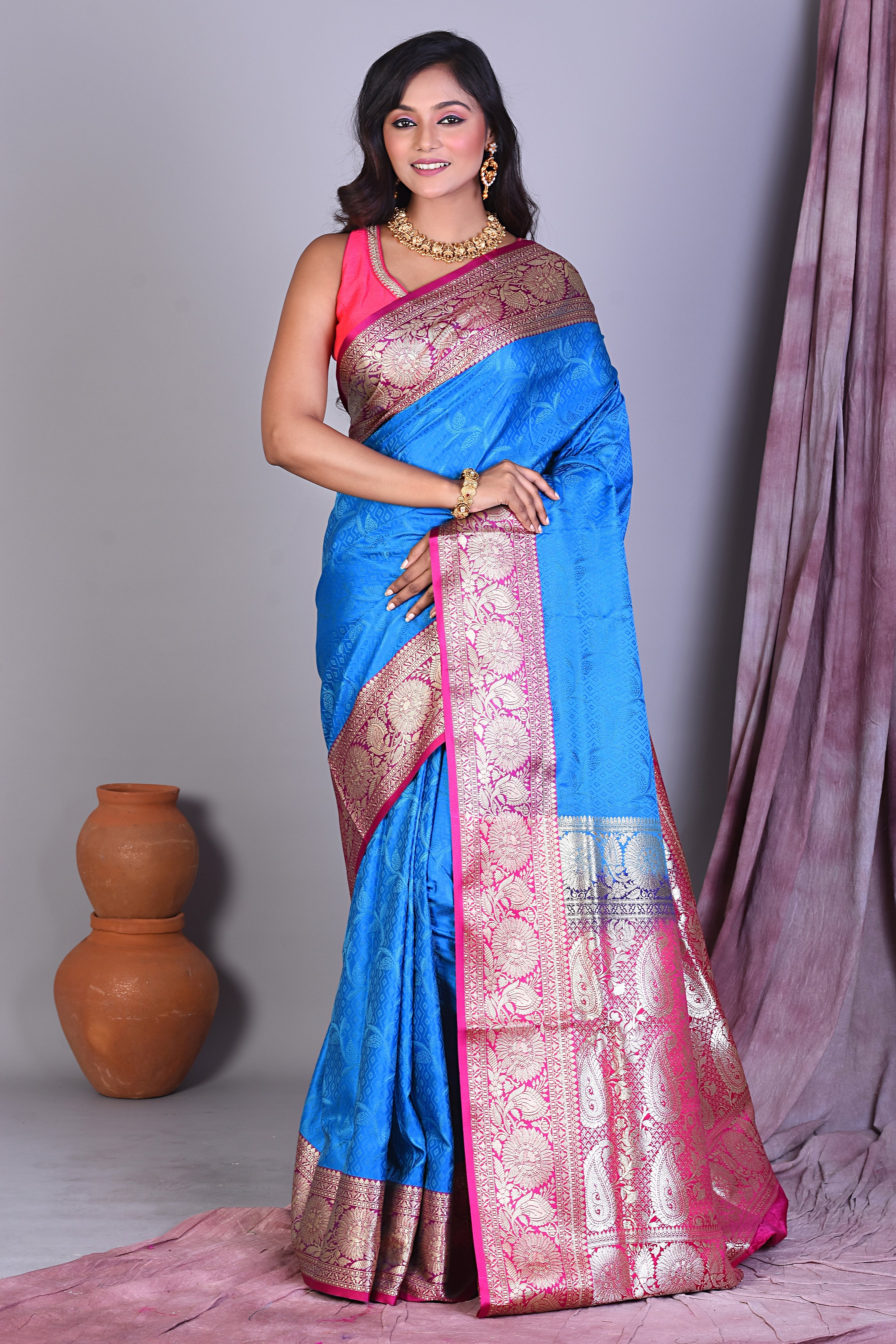 Blue Satin Silk Saree with Golden Zari - Keya Seth Exclusive