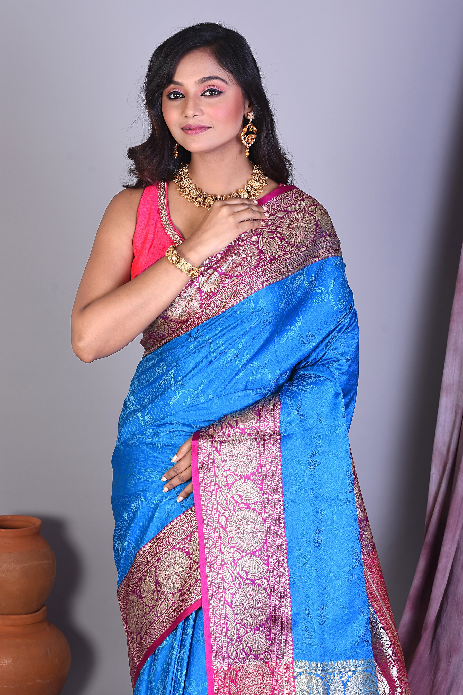 Blue Satin Silk Saree with Golden Zari - Keya Seth Exclusive