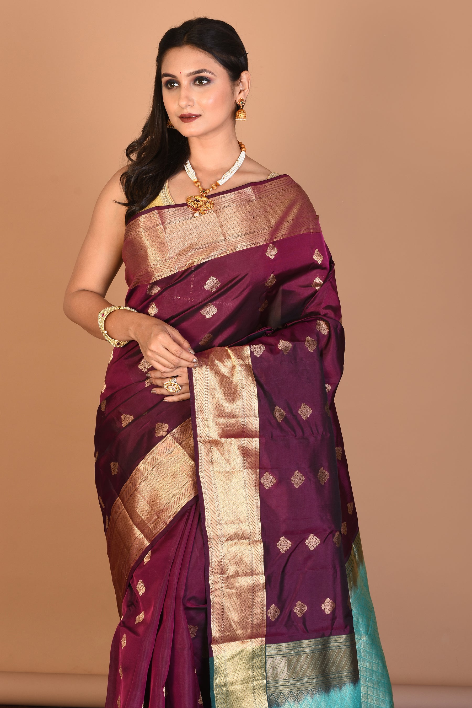 Wine Blended Kanjivaram Silk Saree with Blouse Piece - Keya Seth Exclusive