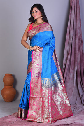 Blue Satin Silk Saree with Golden Zari - Keya Seth Exclusive