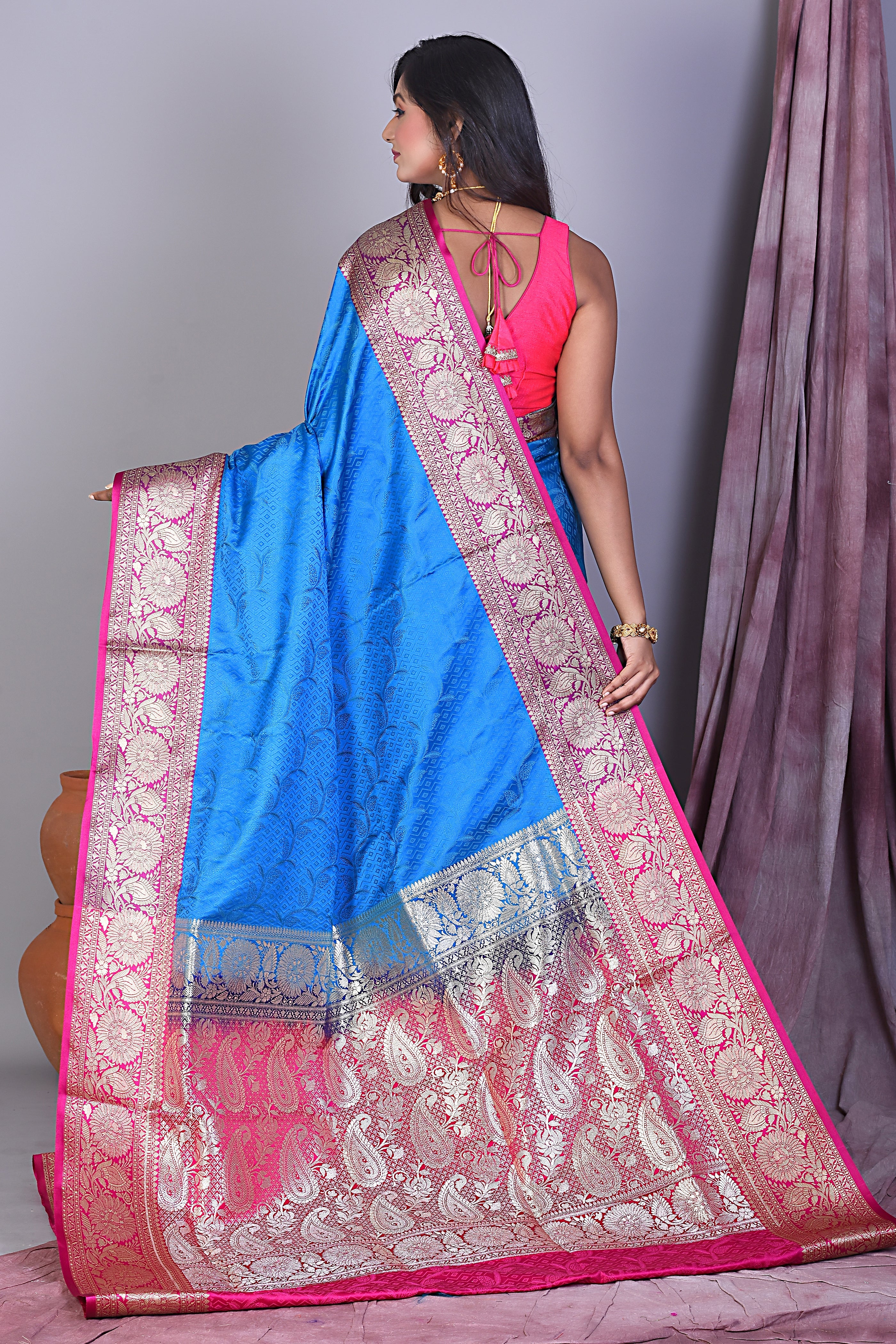 Blue Satin Silk Saree with Golden Zari - Keya Seth Exclusive