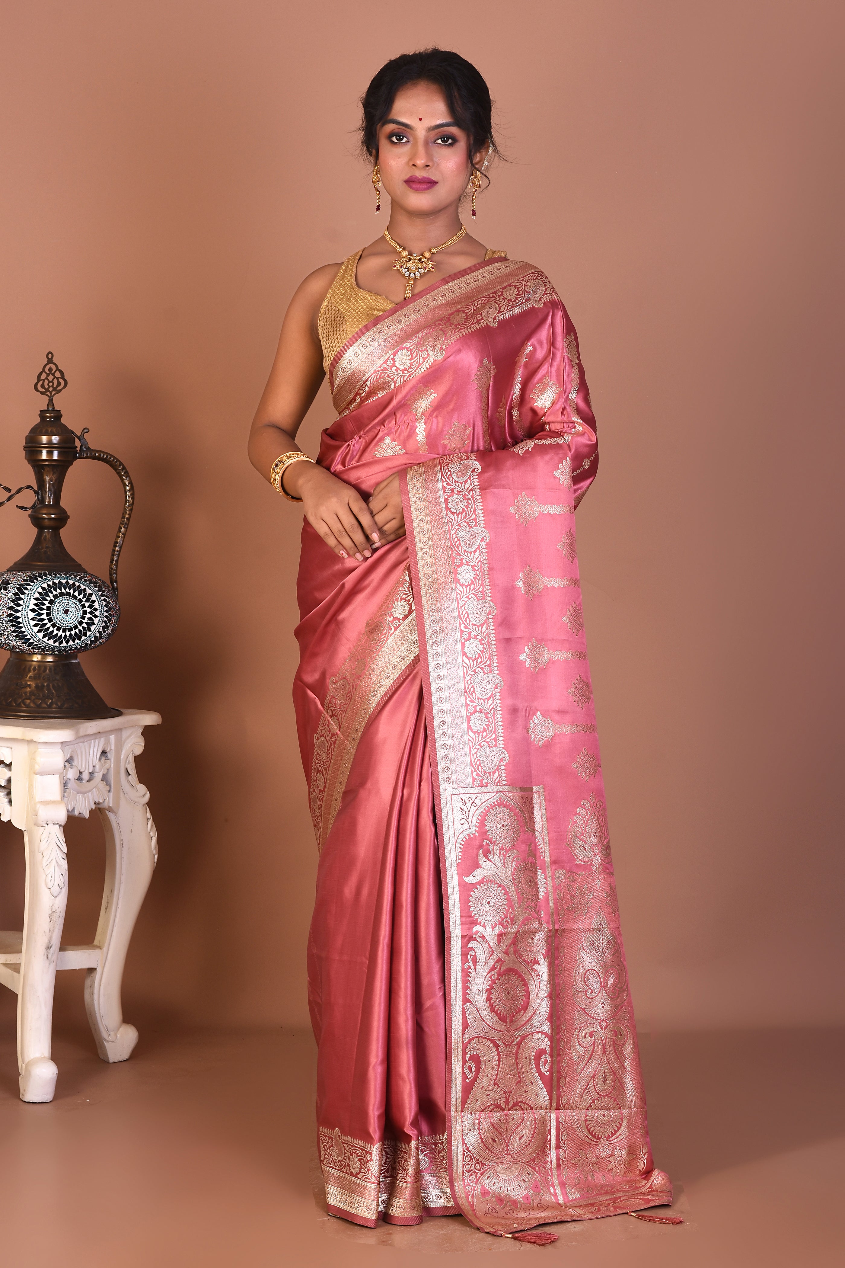 Peach Blended Satin Silk Saree - Keya Seth Exclusive