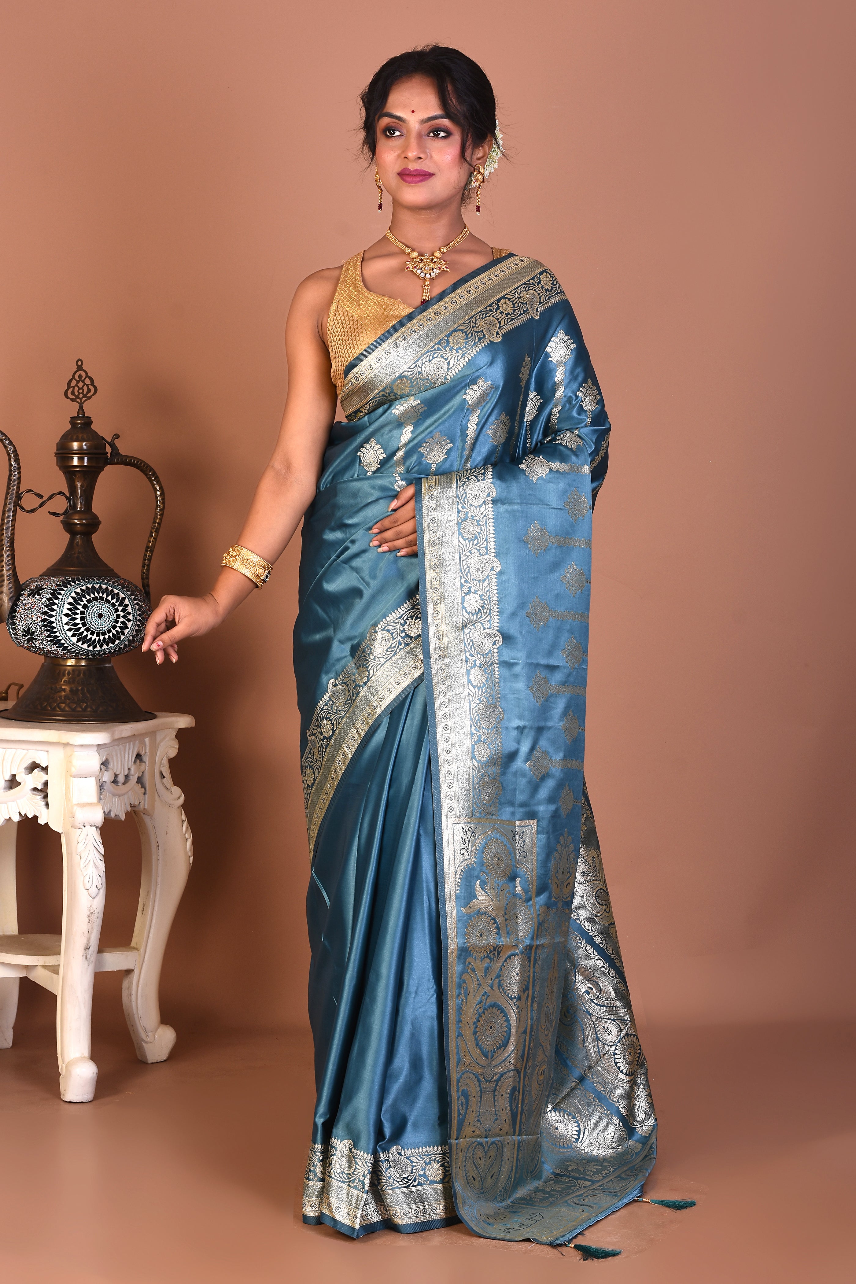 Blue Blended Satin Silk Saree - Keya Seth Exclusive