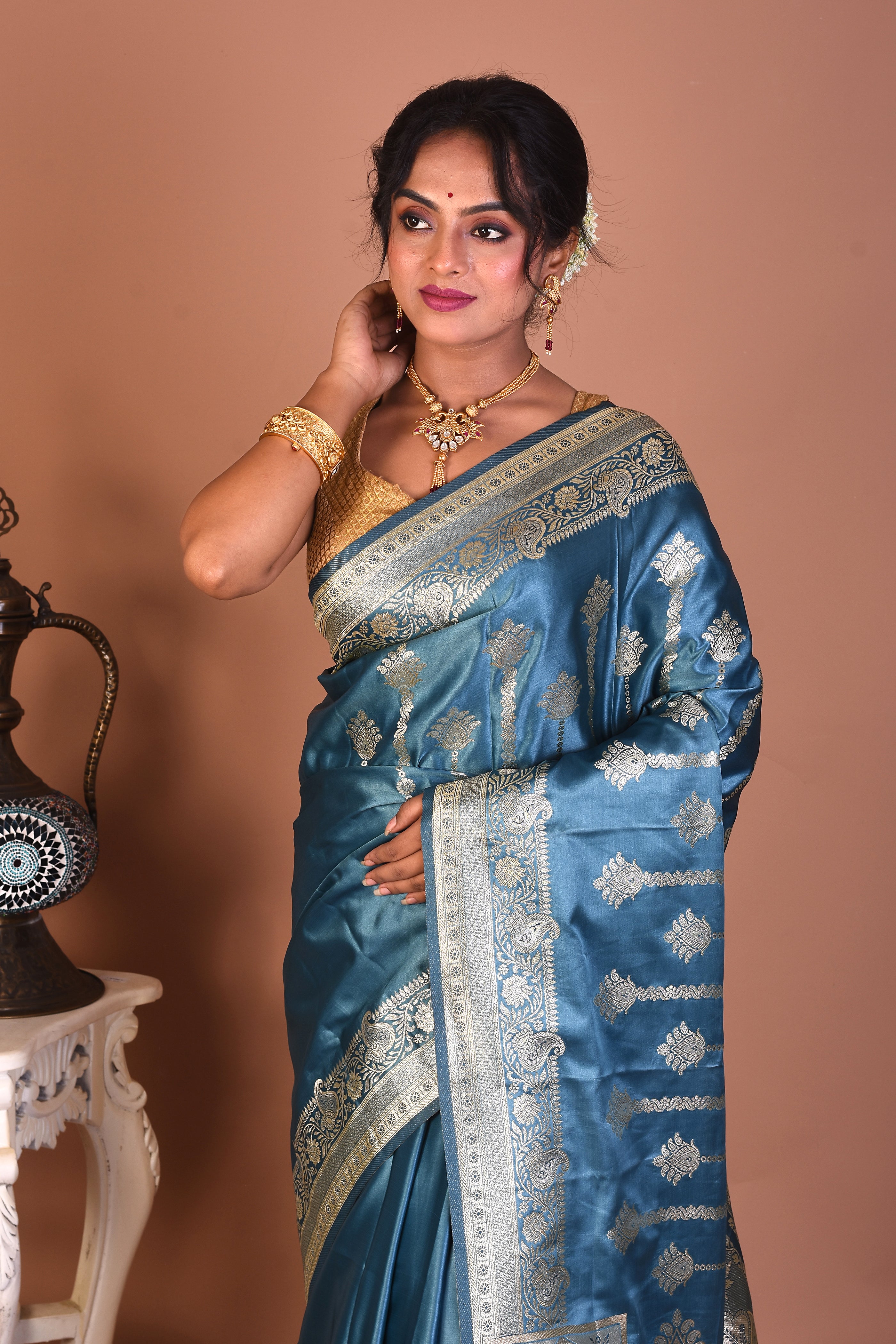 Blue Blended Satin Silk Saree - Keya Seth Exclusive