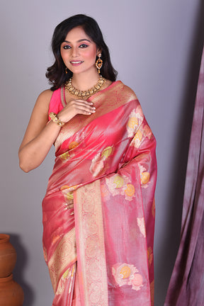 Peach Blended Organza Saree with Golden Zari - Keya Seth Exclusive