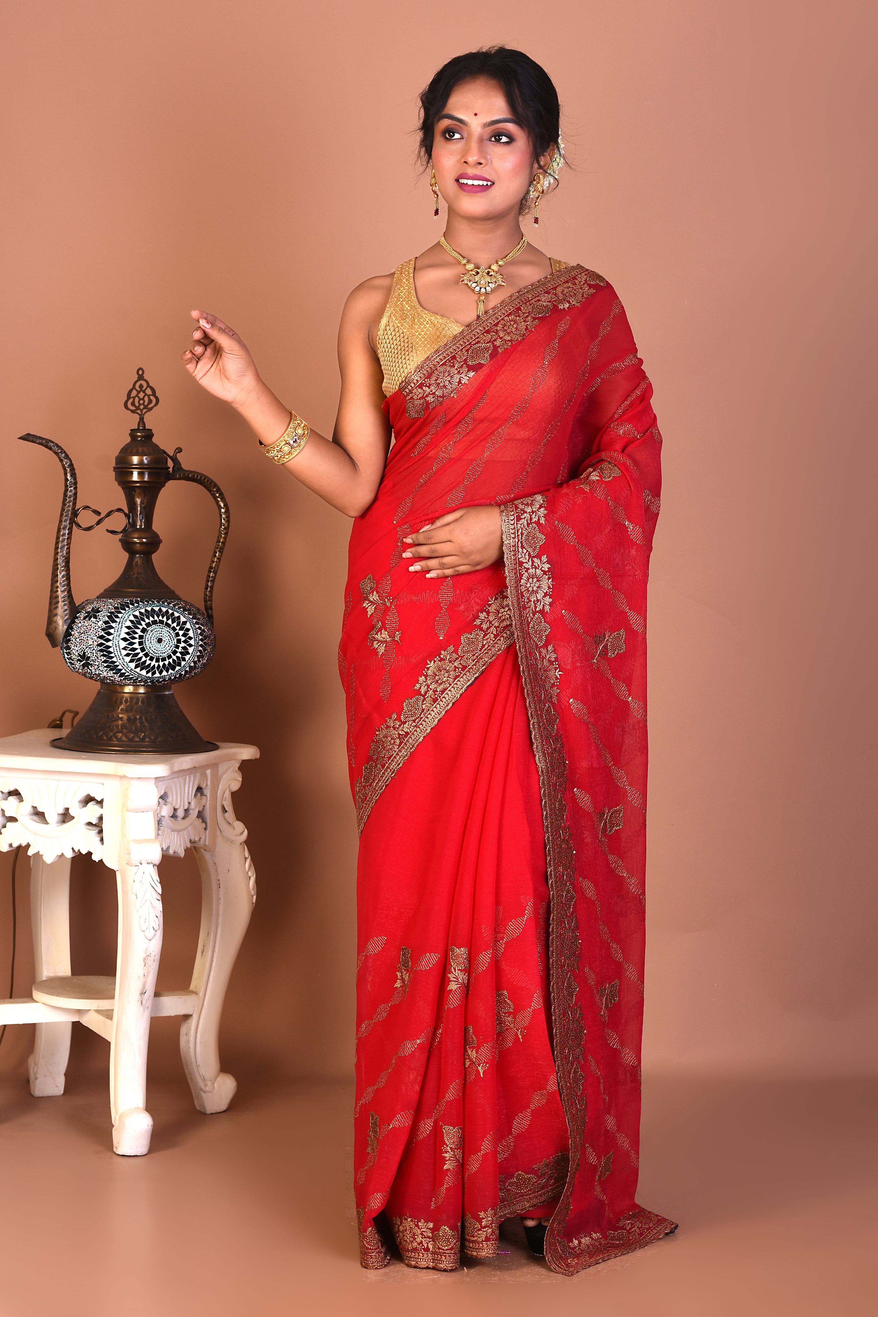 Red Blended Khaddi Saree - Keya Seth Exclusive