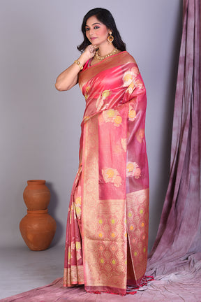 Peach Blended Organza Saree with Golden Zari - Keya Seth Exclusive