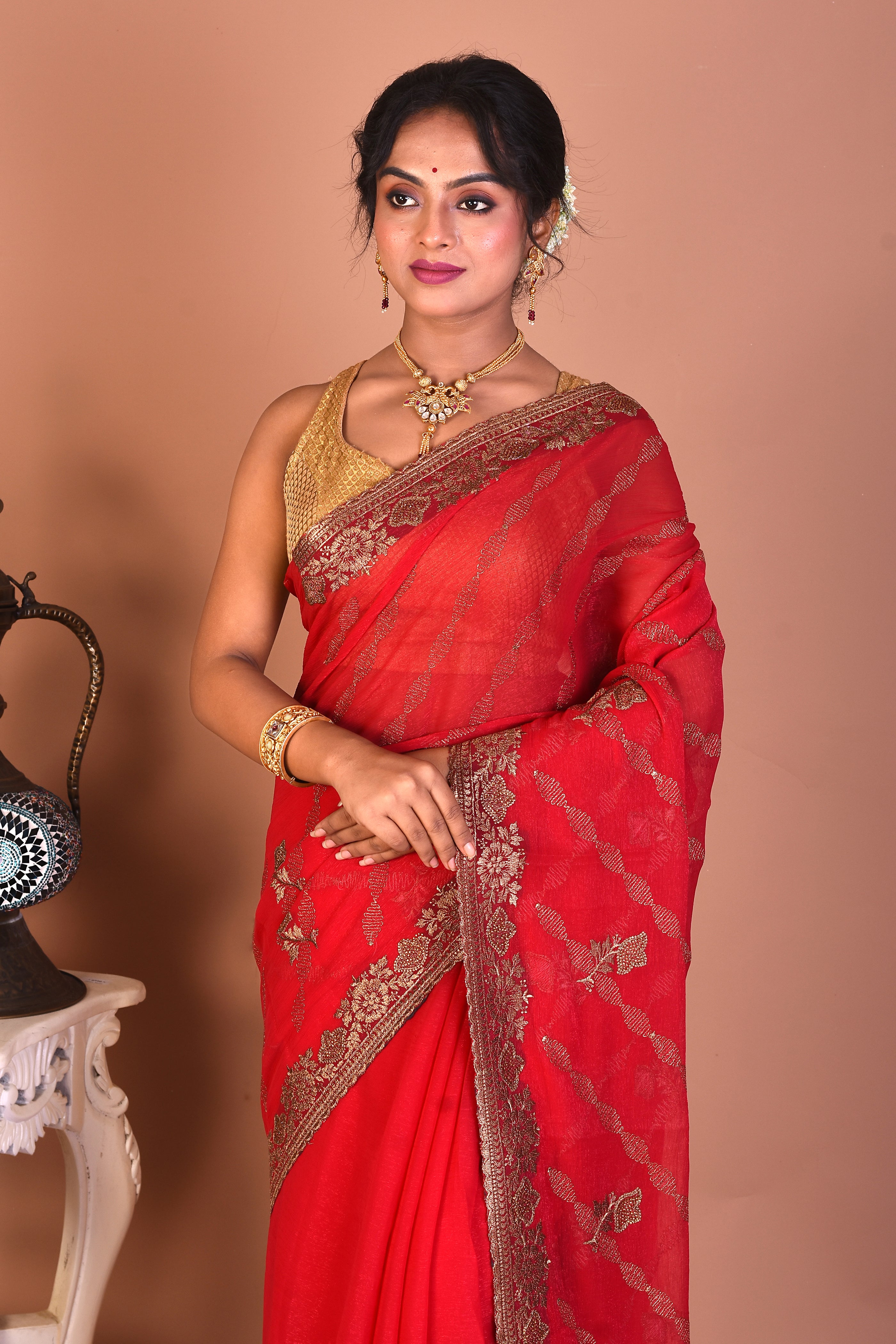 Red Blended Khaddi Saree - Keya Seth Exclusive